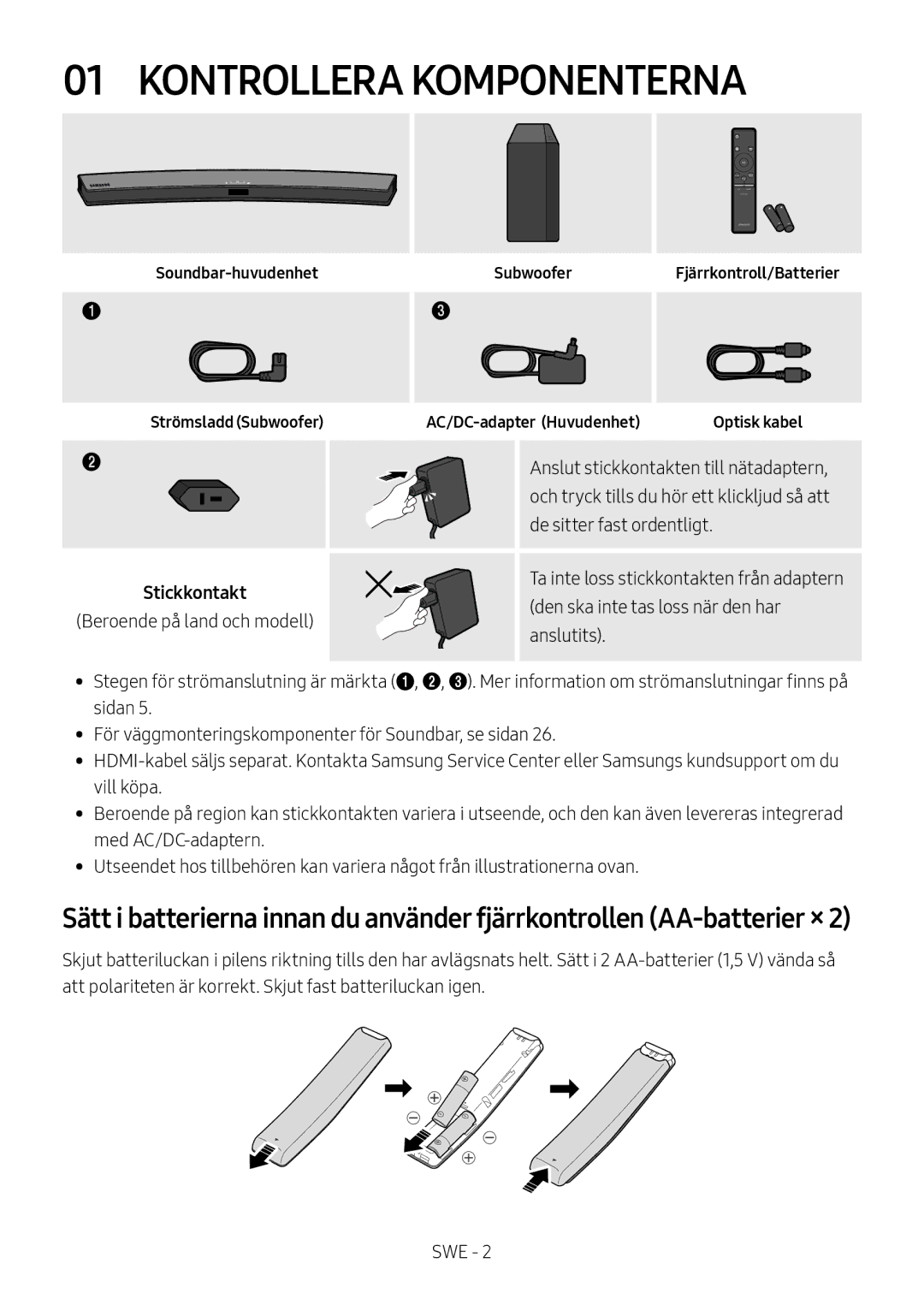 Samsung HW-M4501/ZF, HW-M4500/ZG manual Kontrollera Komponenterna, Ta inte loss stickkontakten från adaptern, Stickkontakt 