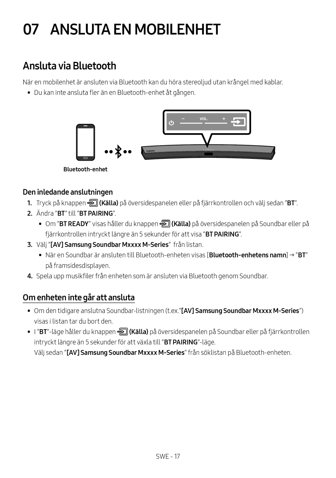 Samsung HW-M4501/EN, HW-M4500/ZG, HW-M4500/EN Ansluta EN Mobilenhet, Ansluta via Bluetooth, Om enheten inte går att ansluta 