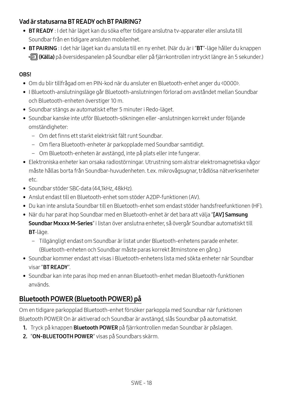 Samsung HW-M4511/XE, HW-M4500/ZG, HW-M4500/EN, HW-M4500/ZF, HW-M4501/ZF, HW-M4501/EN manual Bluetooth Power Bluetooth Power på 