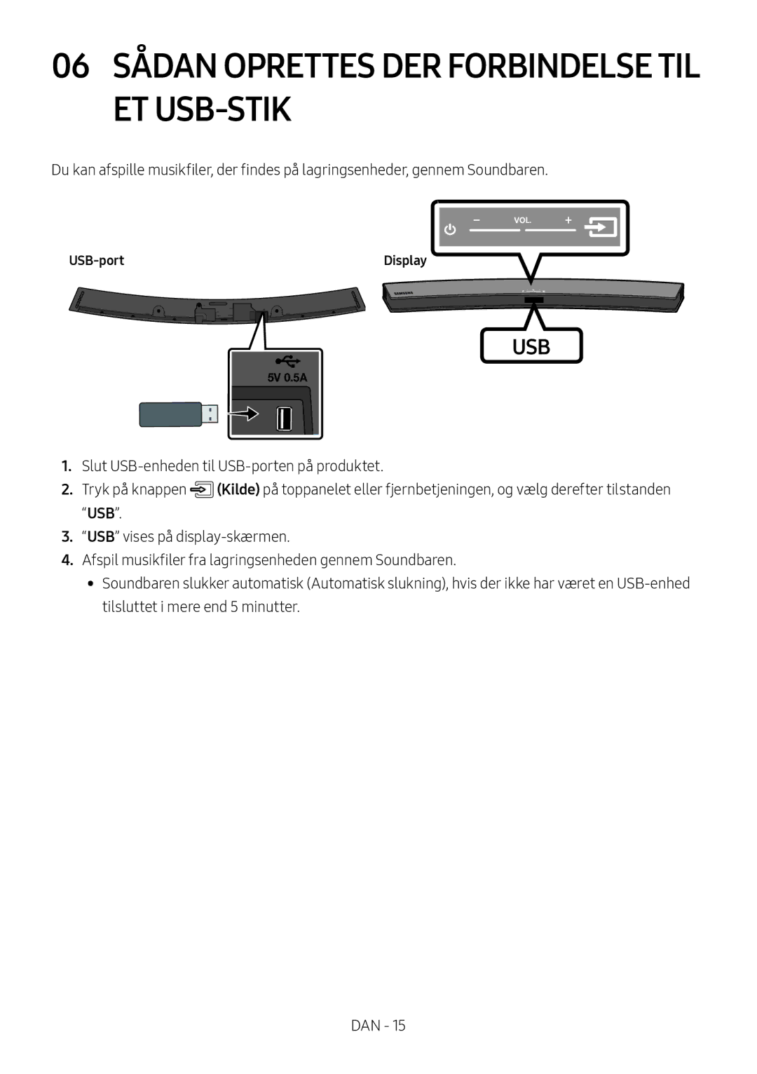 Samsung HW-M4510/XE, HW-M4500/ZG, HW-M4500/EN, HW-M4500/ZF manual 06 Sådan Oprettes DER Forbindelse TIL ET USB-STIK, USB-port 