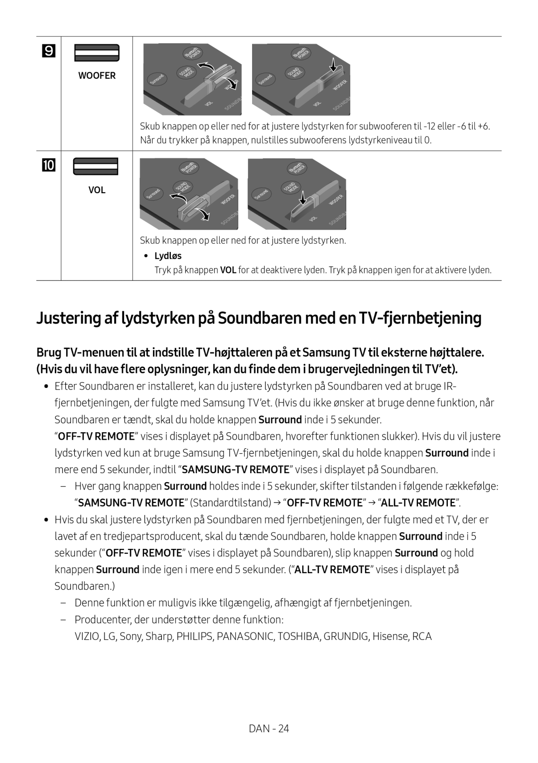 Samsung HW-M4500/EN, HW-M4500/ZG, HW-M4500/ZF, HW-M4501/ZF manual Skub knappen op eller ned for at justere lydstyrken, Lydløs 