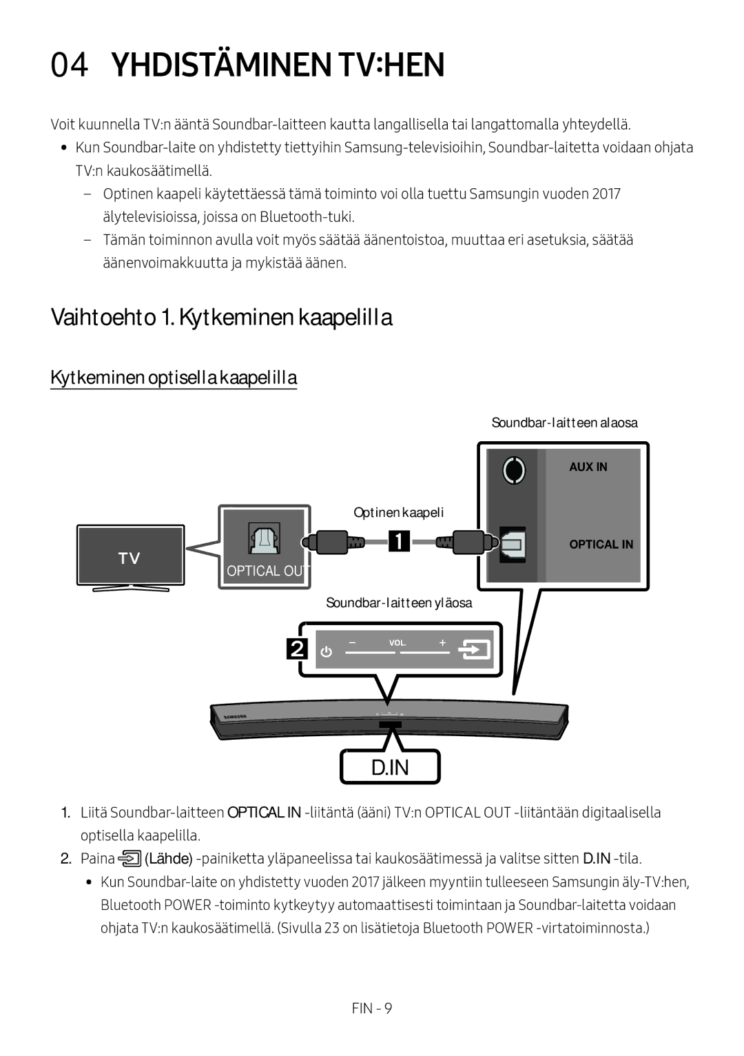 Samsung HW-M4500/EN, HW-M4500/ZG Yhdistäminen Tvhen, Vaihtoehto 1. Kytkeminen kaapelilla, Kytkeminen optisella kaapelilla 