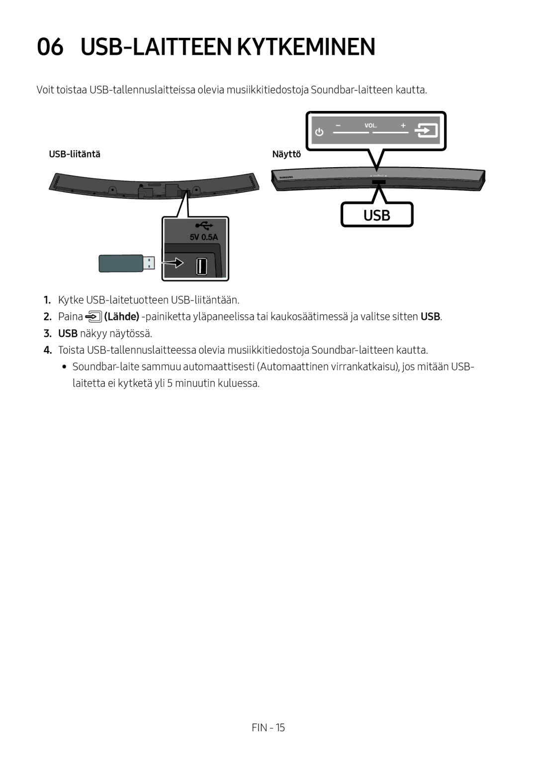 Samsung HW-M4500/ZG, HW-M4500/EN, HW-M4500/ZF, HW-M4501/ZF, HW-M4501/EN manual USB-LAITTEEN Kytkeminen, USB-liitäntä Näyttö 