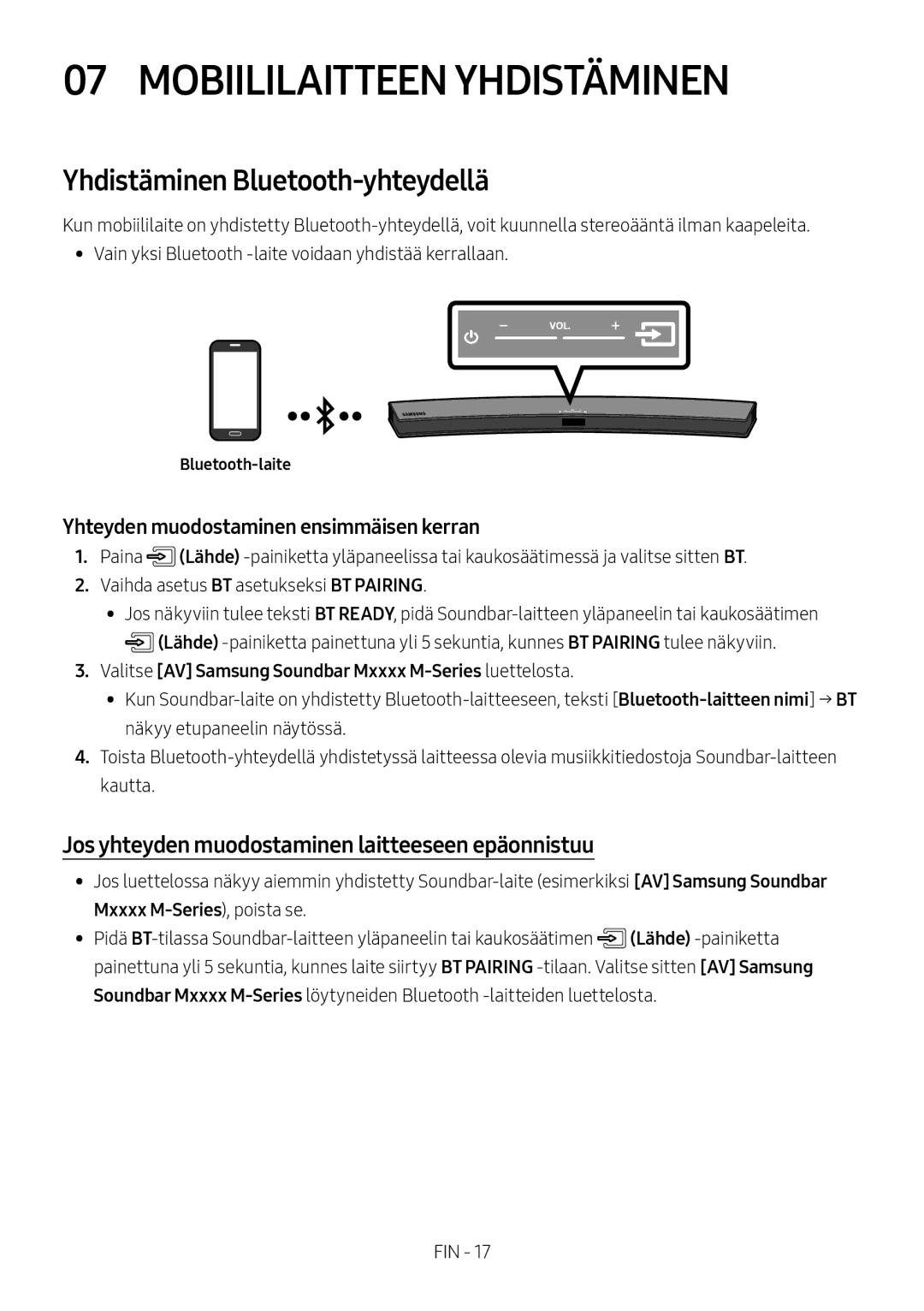 Samsung HW-M4500/ZF, HW-M4500/ZG manual Mobiililaitteen Yhdistäminen, Yhdistäminen Bluetooth-yhteydellä, Bluetooth-laite 