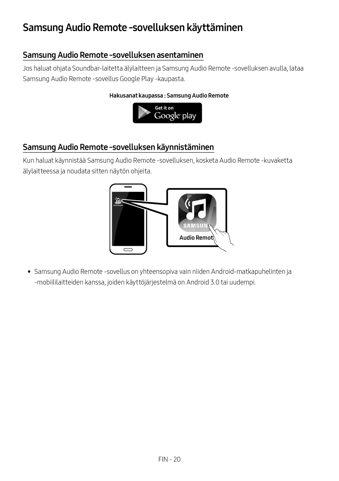 Samsung HW-M4511/XE manual Samsung Audio Remote -sovelluksen käyttäminen, Samsung Audio Remote -sovelluksen asentaminen 