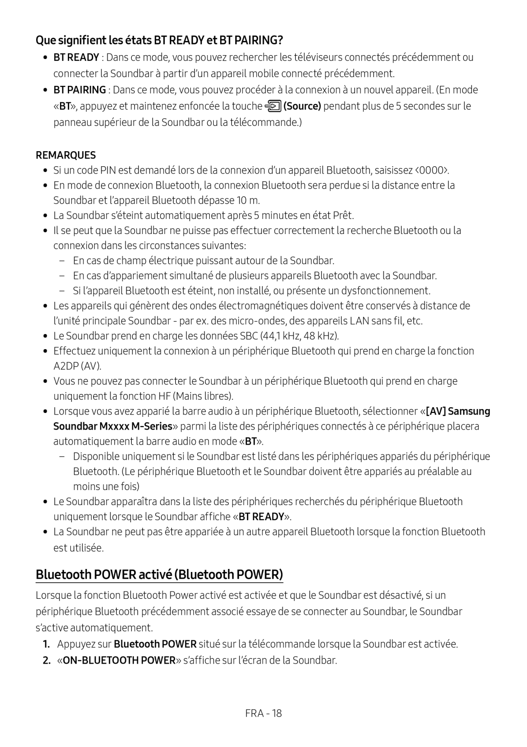 Samsung HW-M4501/EN, HW-M4500/ZG Bluetooth Power activé Bluetooth Power, Que signifient les états BT Ready et BT PAIRING? 