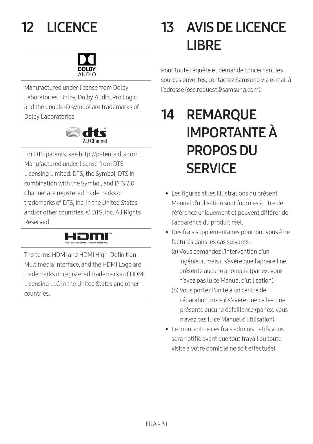 Samsung HW-M4501/ZF, HW-M4500/ZG, HW-M4500/EN, HW-M4500/ZF Remarque Importante À Propos DU Service, Avis DE Licence Libre 