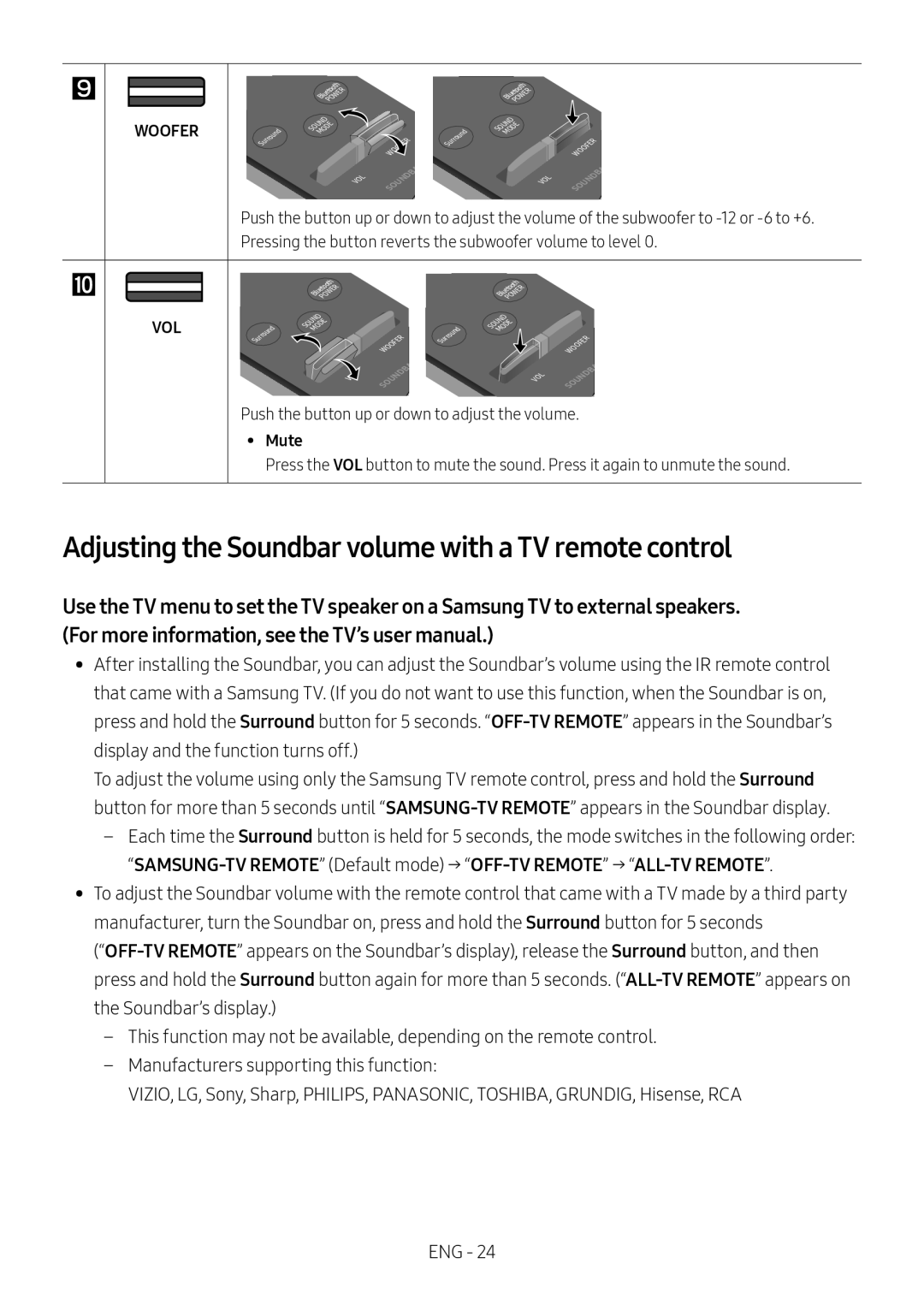 Samsung HW-M4500/ZG, HW-M4500/EN, HW-M4500/ZF, HW-M4501/ZF manual Adjusting the Soundbar volume with a TV remote control, Mute 