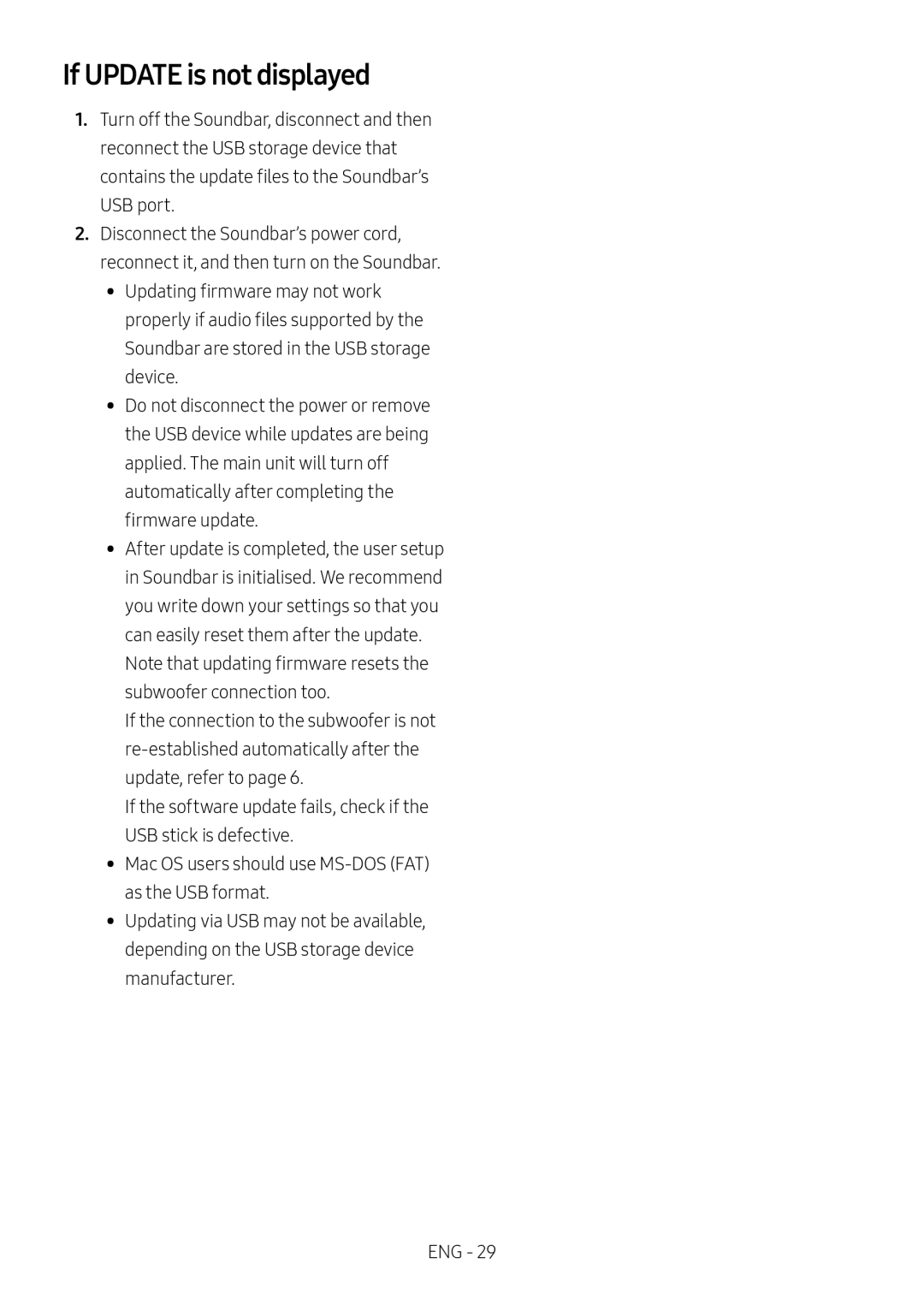 Samsung HW-M4511/XE, HW-M4500/ZG, HW-M4500/EN, HW-M4500/ZF, HW-M4501/ZF, HW-M4501/EN manual If Update is not displayed, USB port 