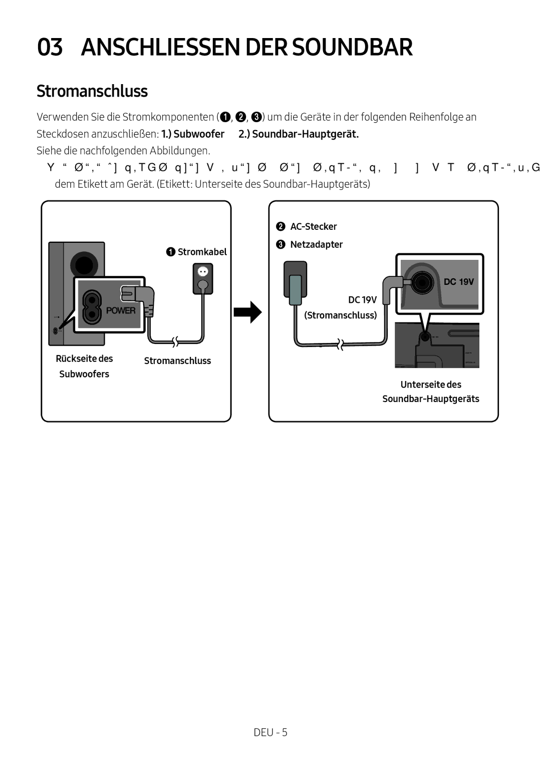 Samsung HW-M4501/ZF, HW-M4500/ZG manual Anschliessen DER Soundbar, Stromanschluss, AC-Stecker, 1Stromkabel Netzadapter 