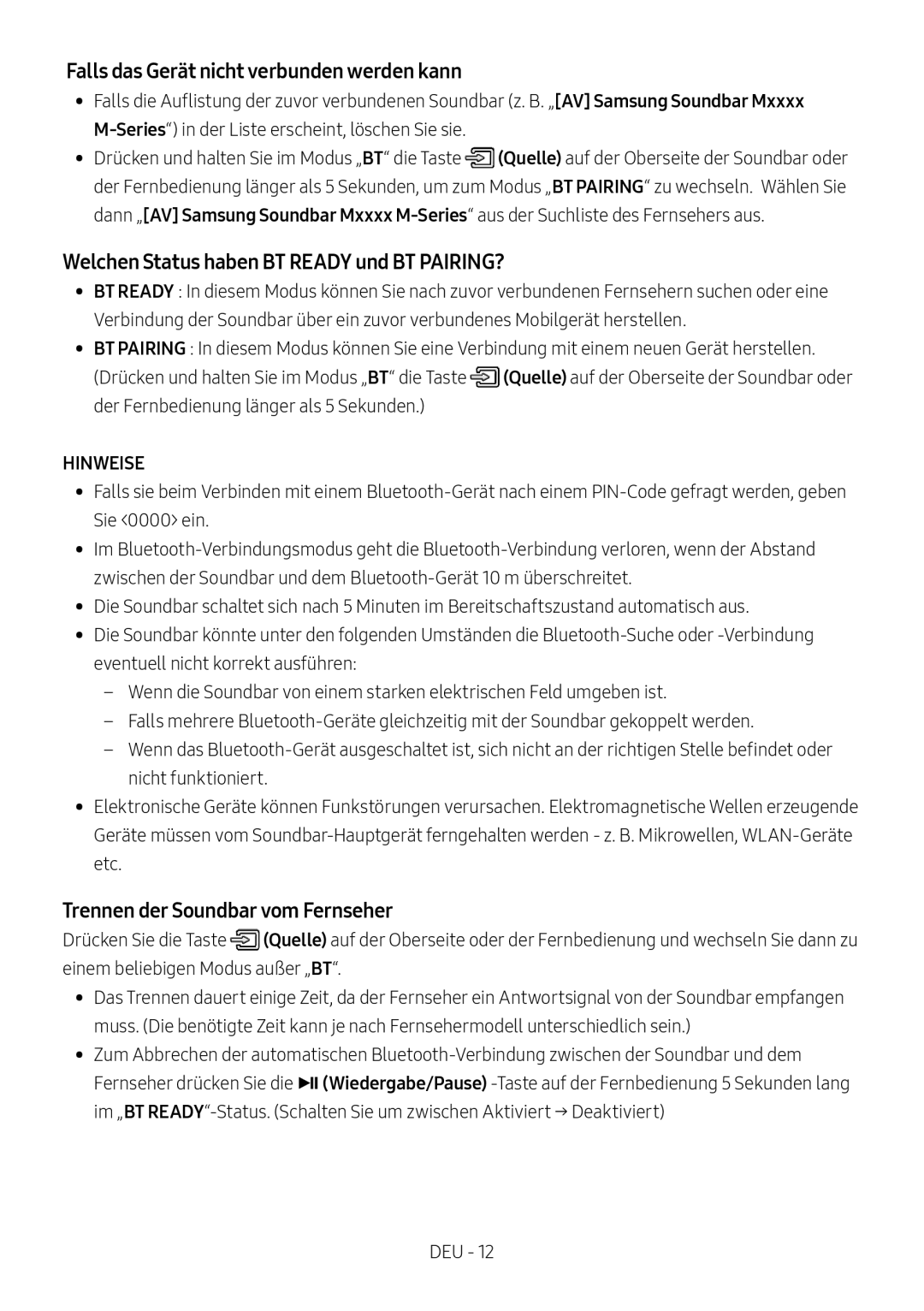 Samsung HW-M4501/ZF manual Falls das Gerät nicht verbunden werden kann, Welchen Status haben BT Ready und BT PAIRING? 