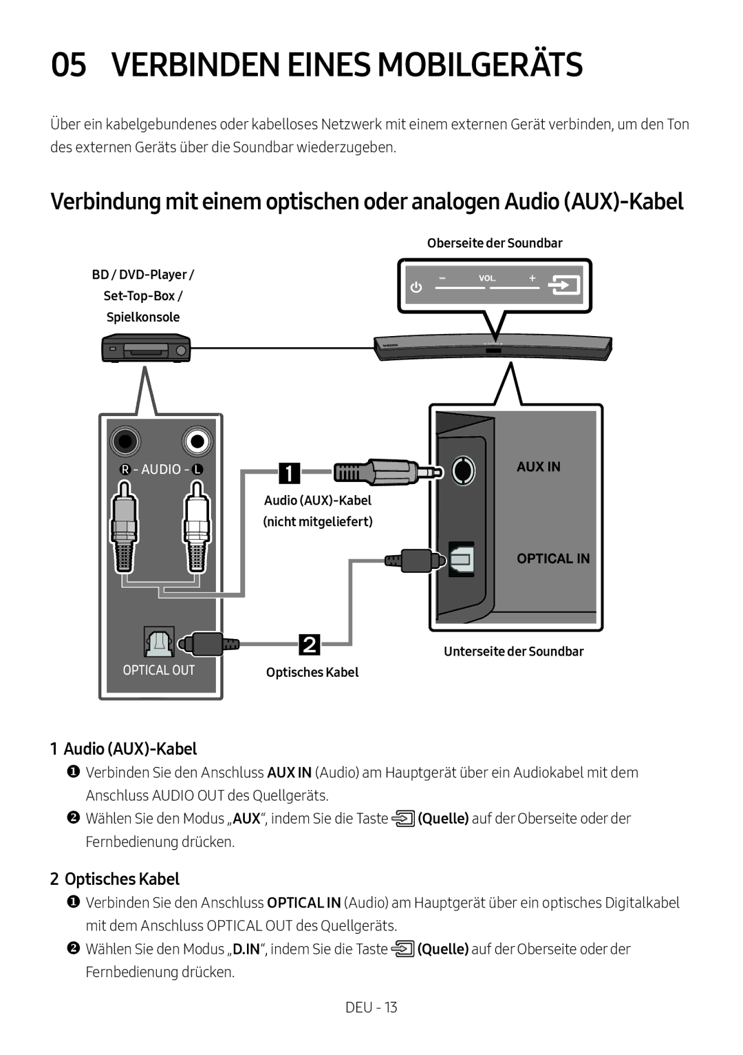 Samsung HW-M4501/EN, HW-M4500/ZG manual Verbinden Eines Mobilgeräts, Optisches Kabel, Audio AUX-Kabel Nicht mitgeliefert 