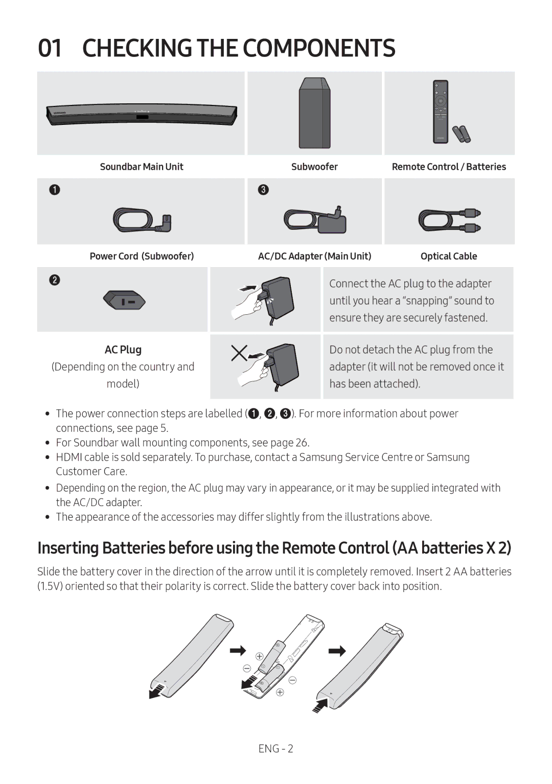 Samsung HW-M4510/XE, HW-M4500/ZG Checking the Components, Soundbar Main Unit Power Cord Subwoofer, AC/DC Adapter Main Unit 