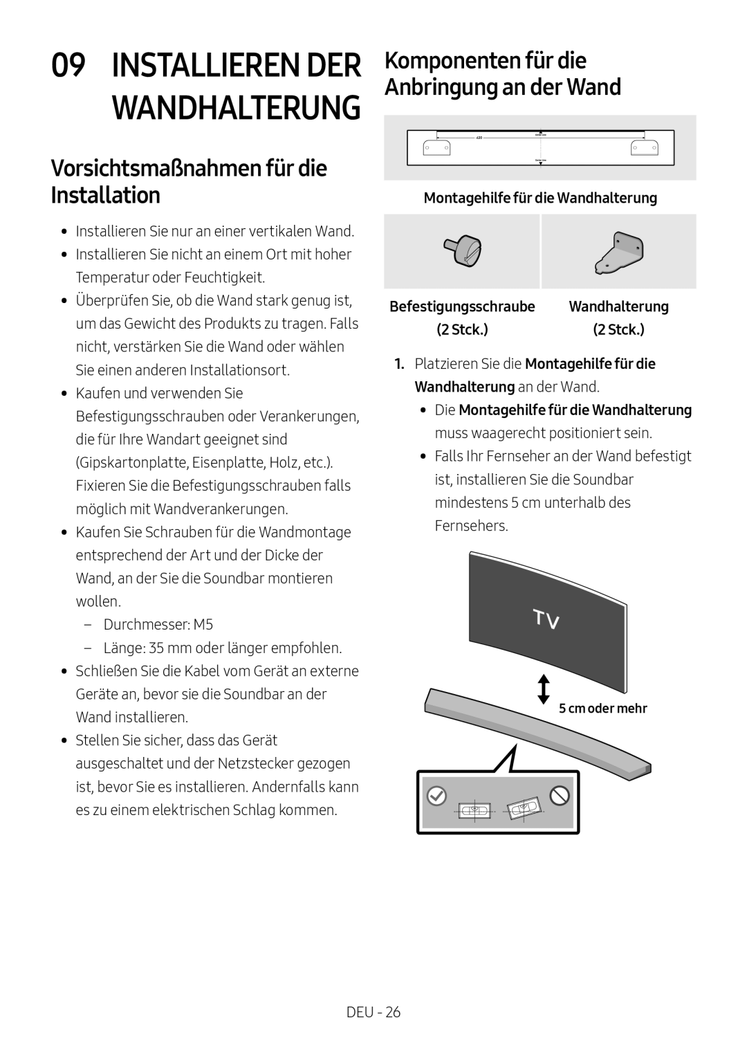 Samsung HW-M4501/ZF, HW-M4500/ZG Vorsichtsmaßnahmen für die Installation, Montagehilfe für die Wandhalterung, Cm oder mehr 