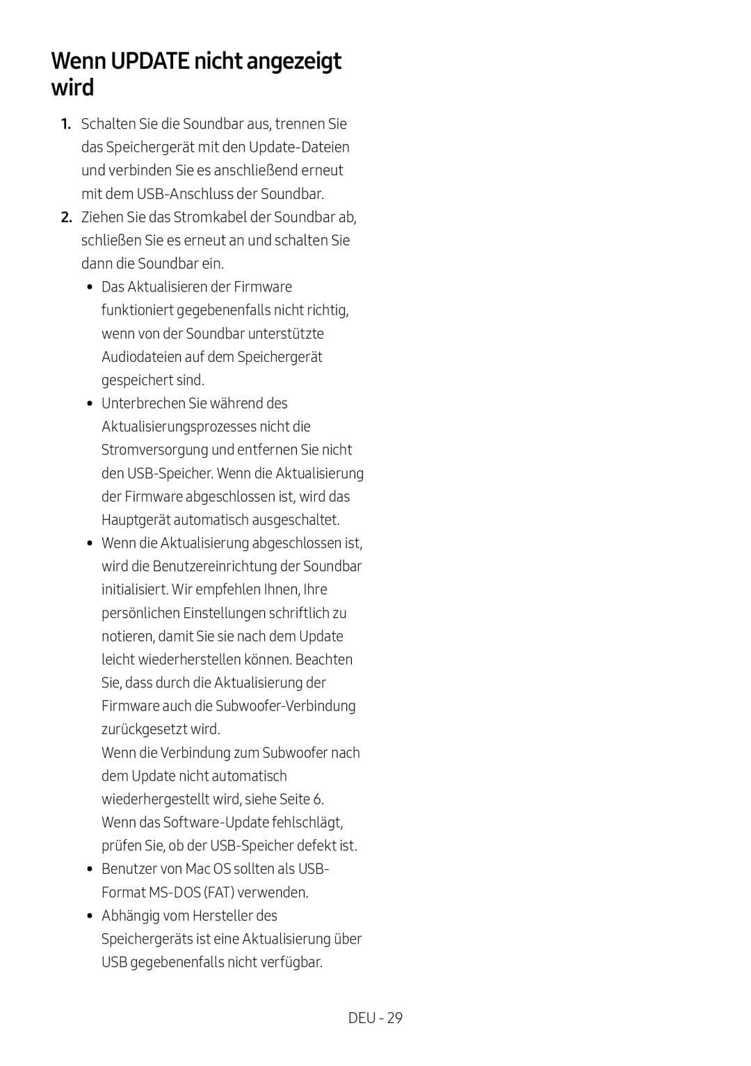 Samsung HW-M4510/XE, HW-M4500/ZG, HW-M4500/EN, HW-M4500/ZF, HW-M4501/ZF, HW-M4501/EN manual Wenn Update nicht angezeigt wird 