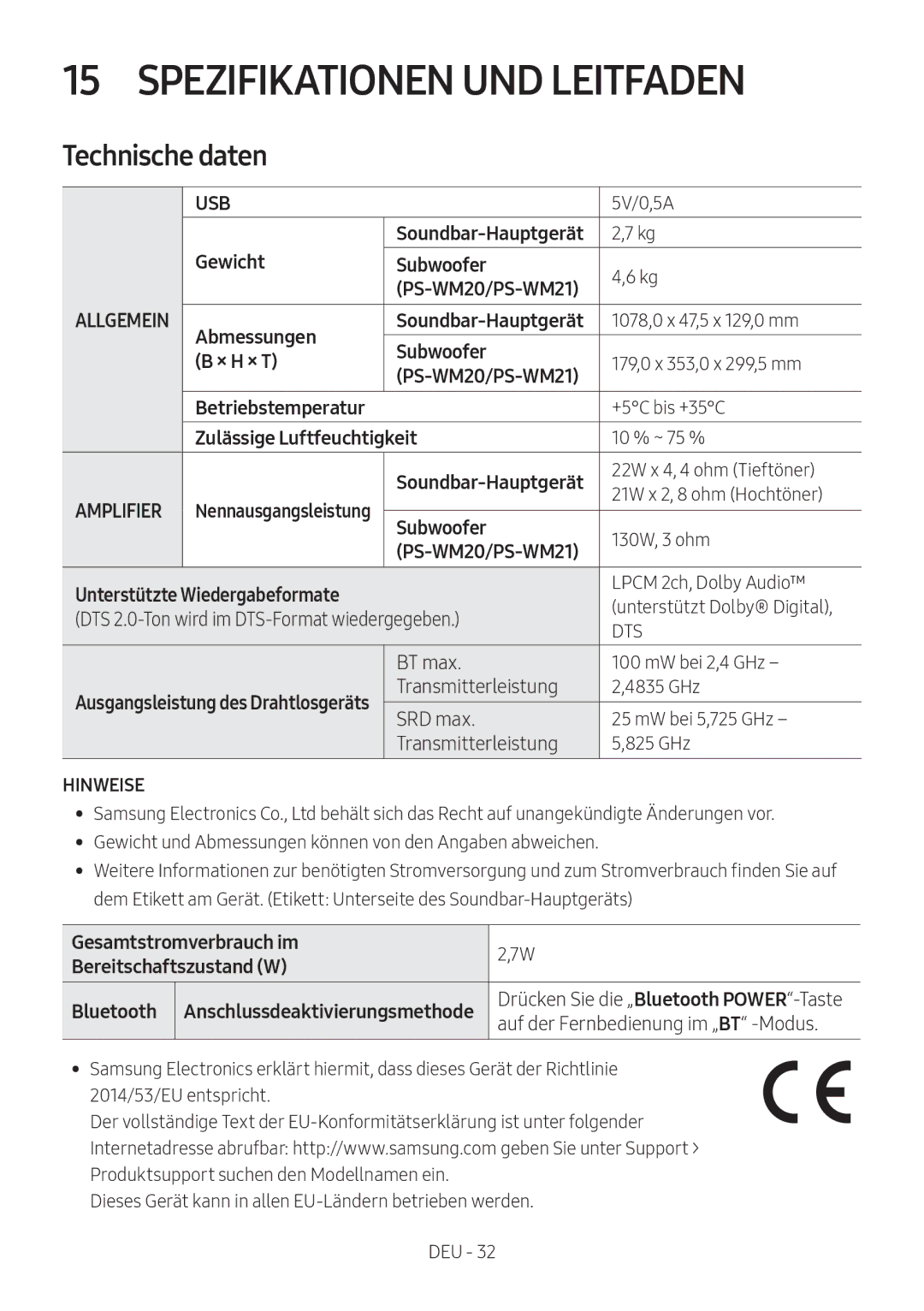 Samsung HW-M4500/ZF, HW-M4500/ZG, HW-M4500/EN, HW-M4501/ZF, HW-M4501/EN manual Spezifikationen UND Leitfaden, Technische daten 