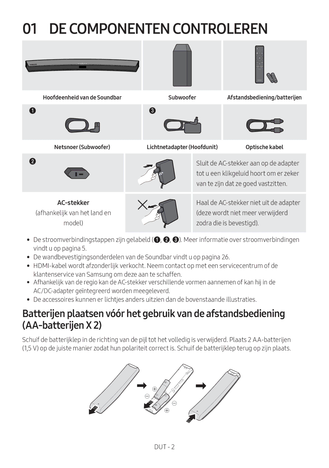 Samsung HW-M4500/EN, HW-M4500/ZG, HW-M4500/ZF, HW-M4501/ZF DE Componenten Controleren, Sluit de AC-stekker aan op de adapter 