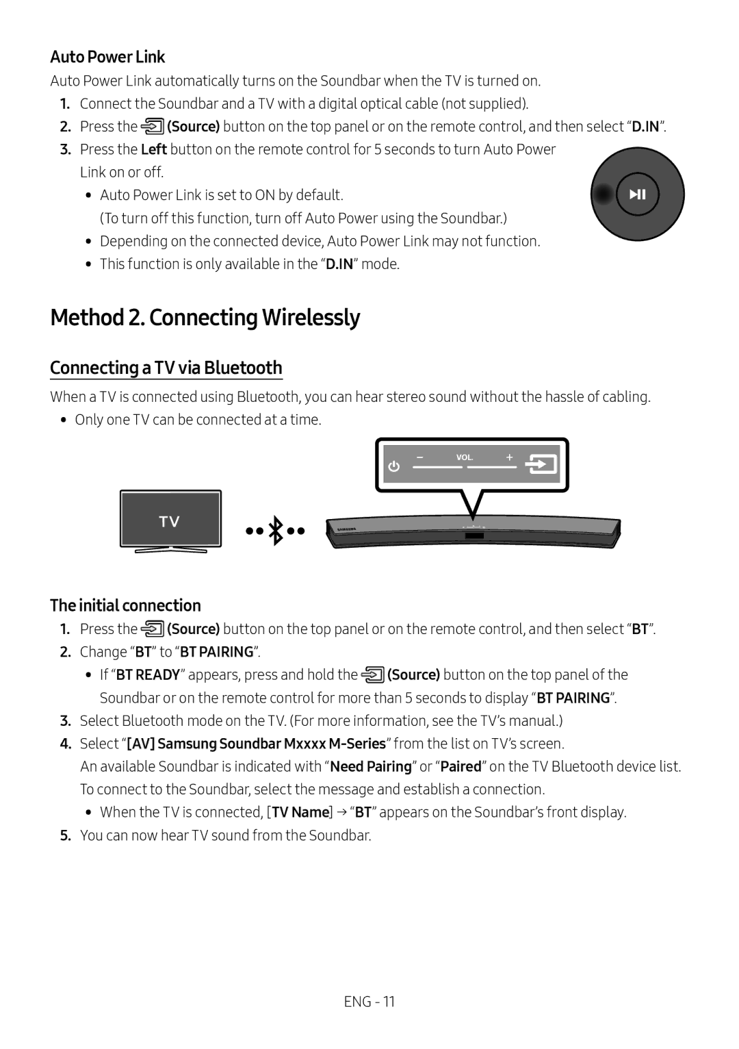 Samsung HW-M4500/EN Method 2. Connecting Wirelessly, Connecting a TV via Bluetooth, Auto Power Link, Initial connection 