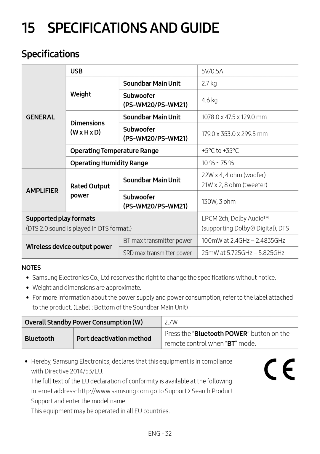 Samsung HW-M4500/EN, HW-M4500/ZG, HW-M4500/ZF, HW-M4501/ZF, HW-M4501/EN, HW-M4511/XE, HW-M4510/XE manual Specifications and Guide 