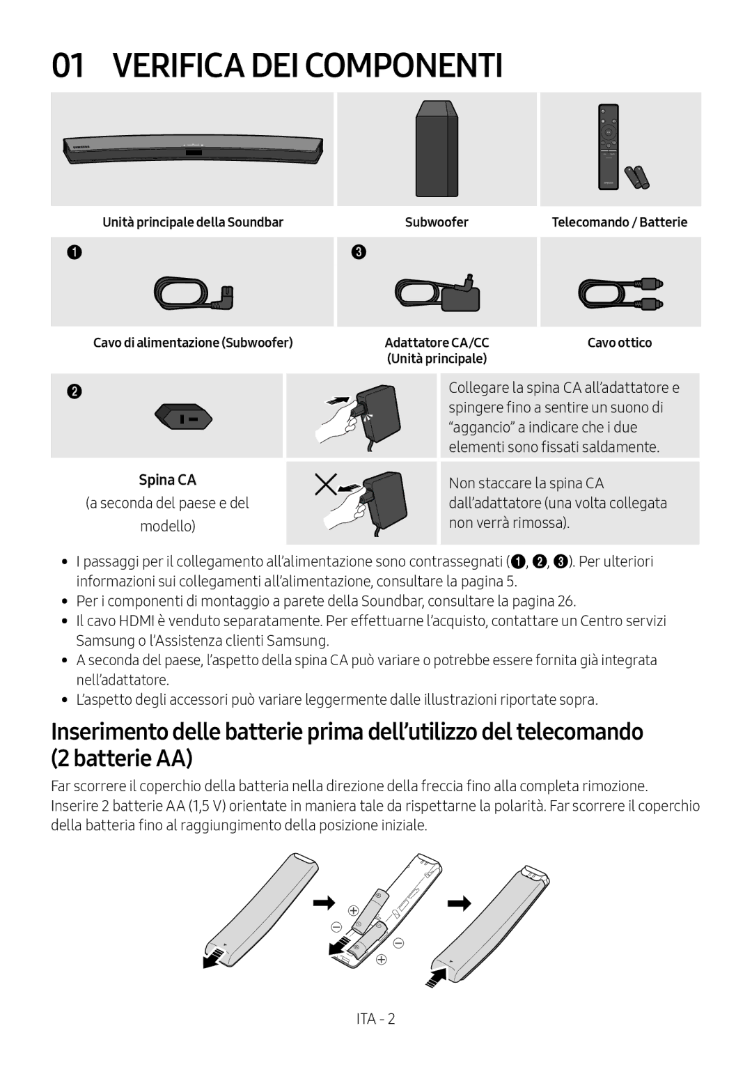 Samsung HW-M4500/ZG, HW-M4500/EN manual Verifica DEI Componenti, Unità principale della Soundbar Subwoofer 