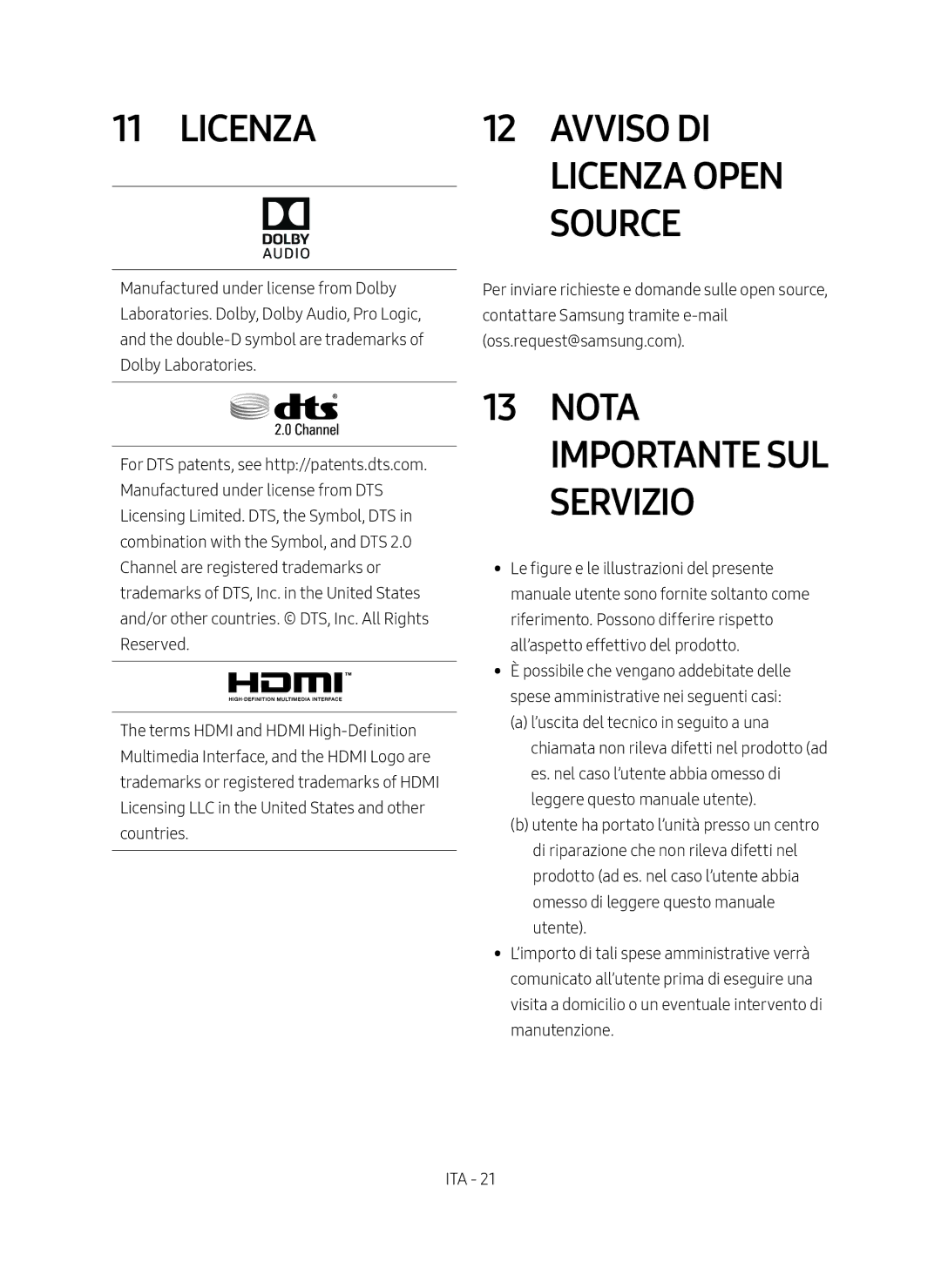 Samsung HW-M4500/EN, HW-M4500/ZG manual Licenza, Avviso di licenza open source, Nota importante sul servizio 