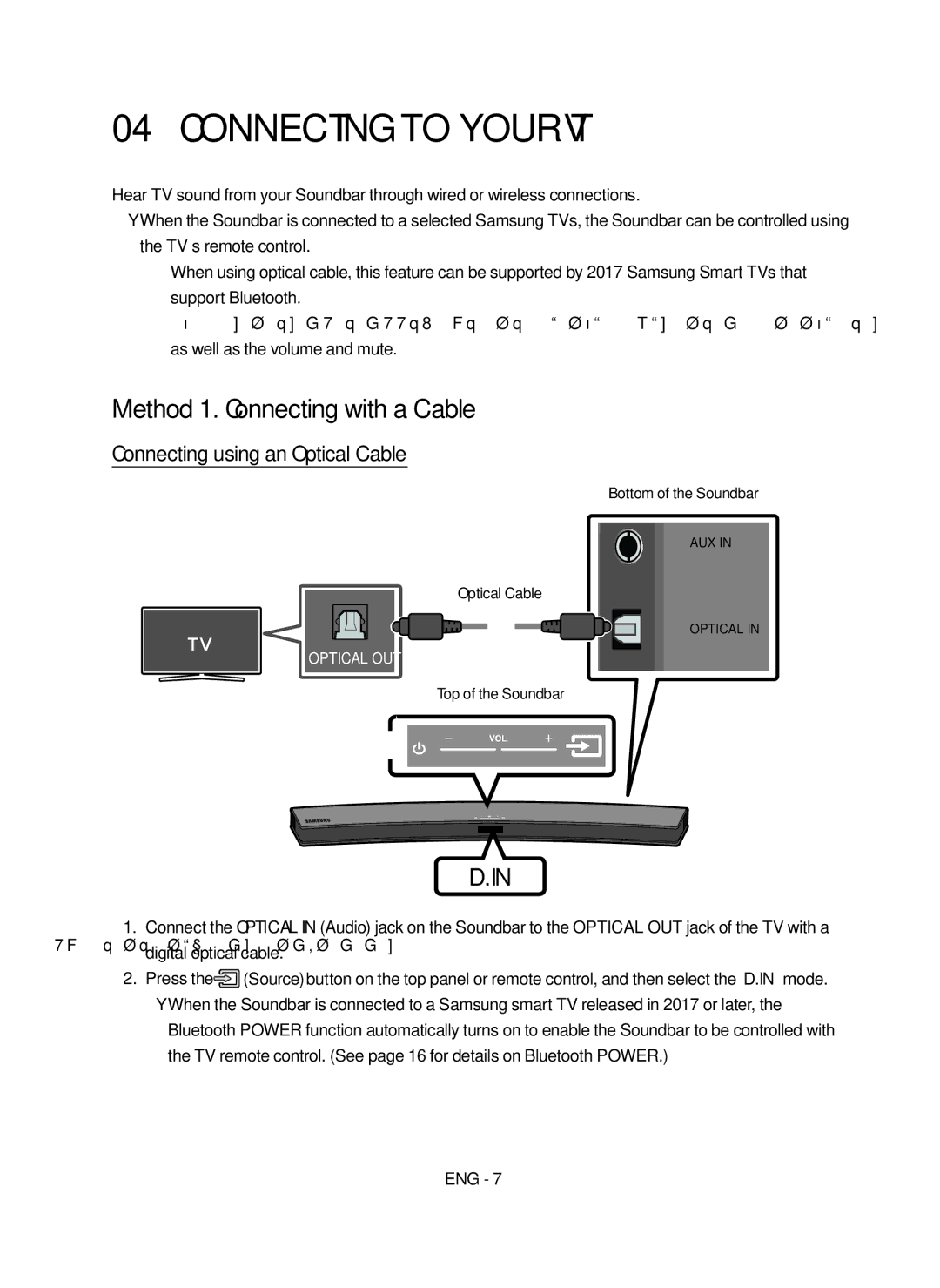 Samsung HW-M4500/EN manual Connecting to your TV, Method 1. Connecting with a Cable, Connecting using an Optical Cable 