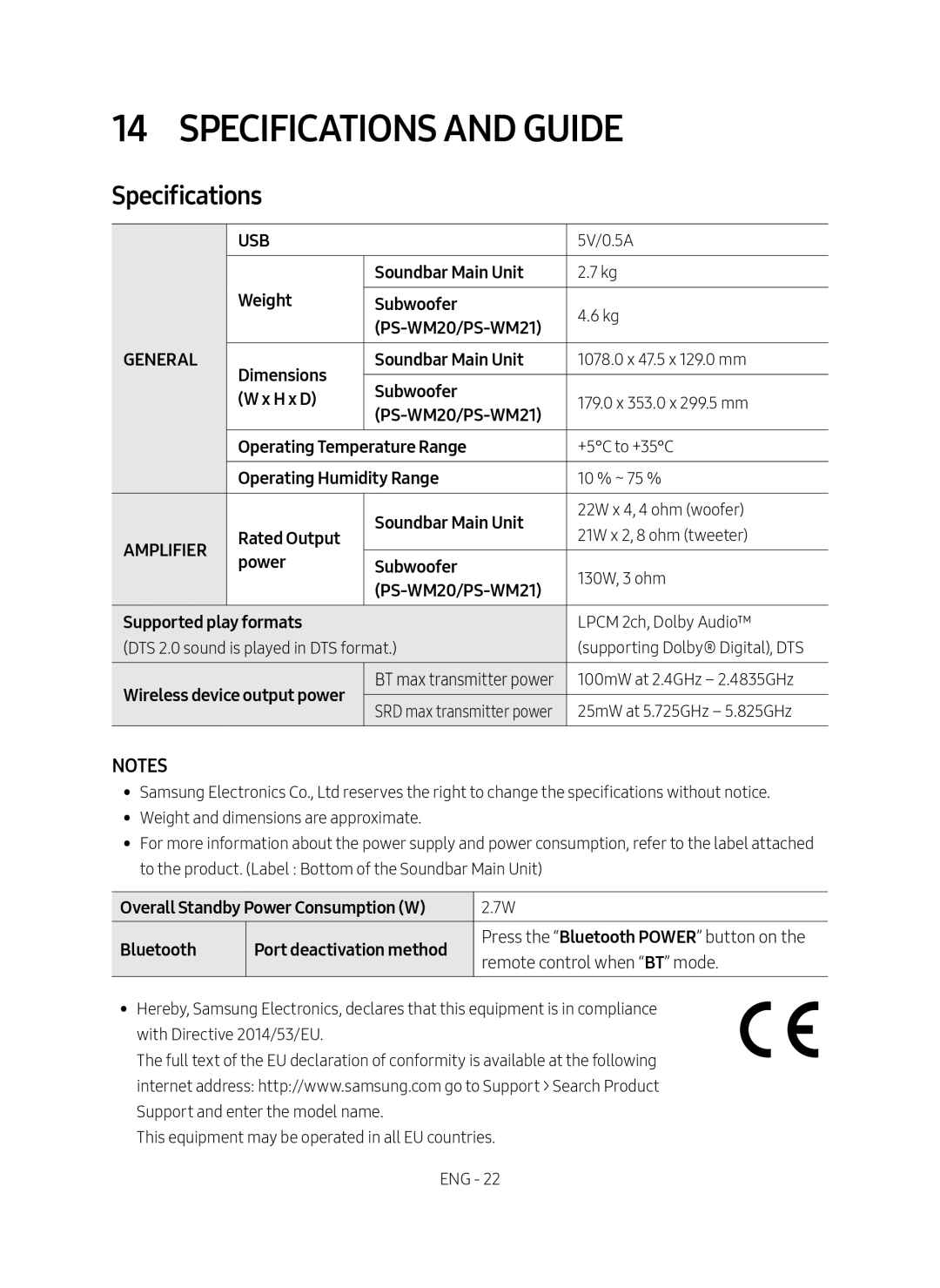 Samsung HW-M4500/ZG, HW-M4500/EN manual Specifications and Guide 