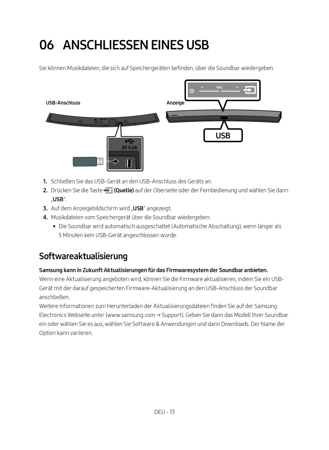 Samsung HW-M4500/EN, HW-M4500/ZG manual Anschliessen eines USB, Softwareaktualisierung, USB-Anschluss 