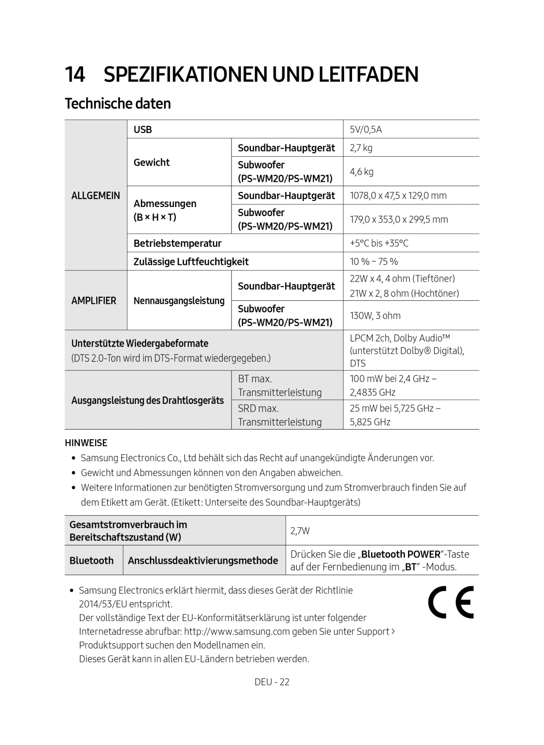 Samsung HW-M4500/ZG, HW-M4500/EN manual Spezifikationen und Leitfaden, Technische daten 