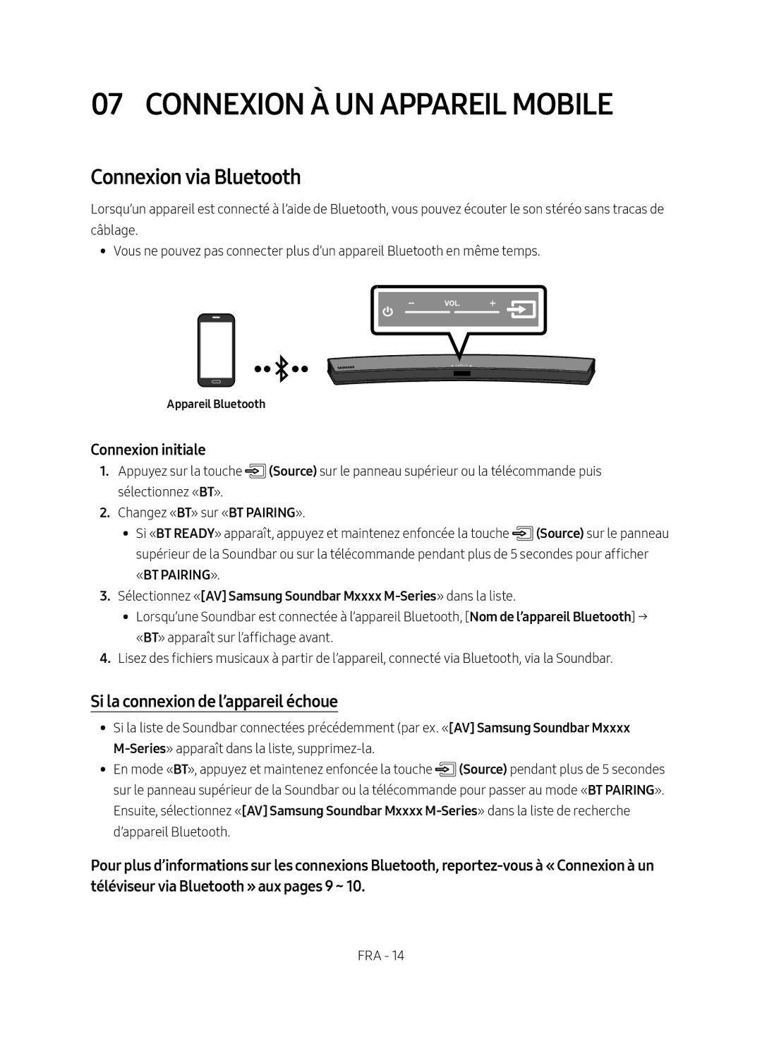 Samsung HW-M4500/ZG manual Connexion à un Appareil Mobile, Connexion via Bluetooth, Si la connexion de l’appareil échoue 