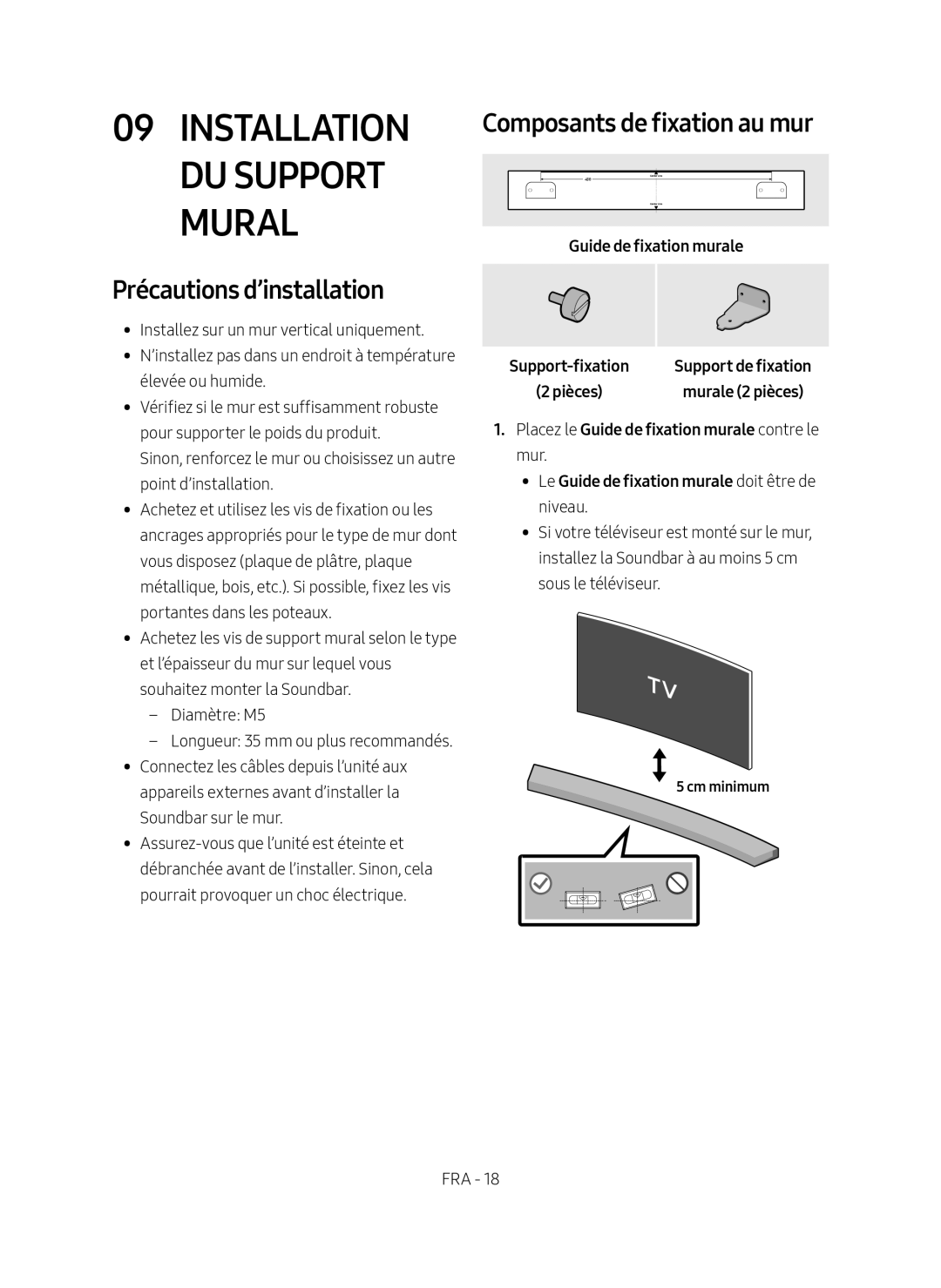 Samsung HW-M4500/ZG, HW-M4500/EN Installation du Support Mural, Composants de fixation au mur, Précautions d’installation 