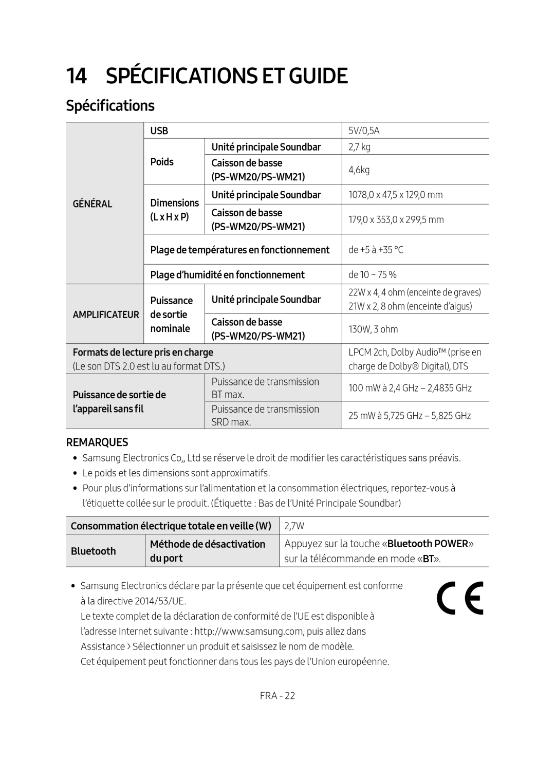 Samsung HW-M4500/ZG, HW-M4500/EN manual 14 Spécifications et Guide 