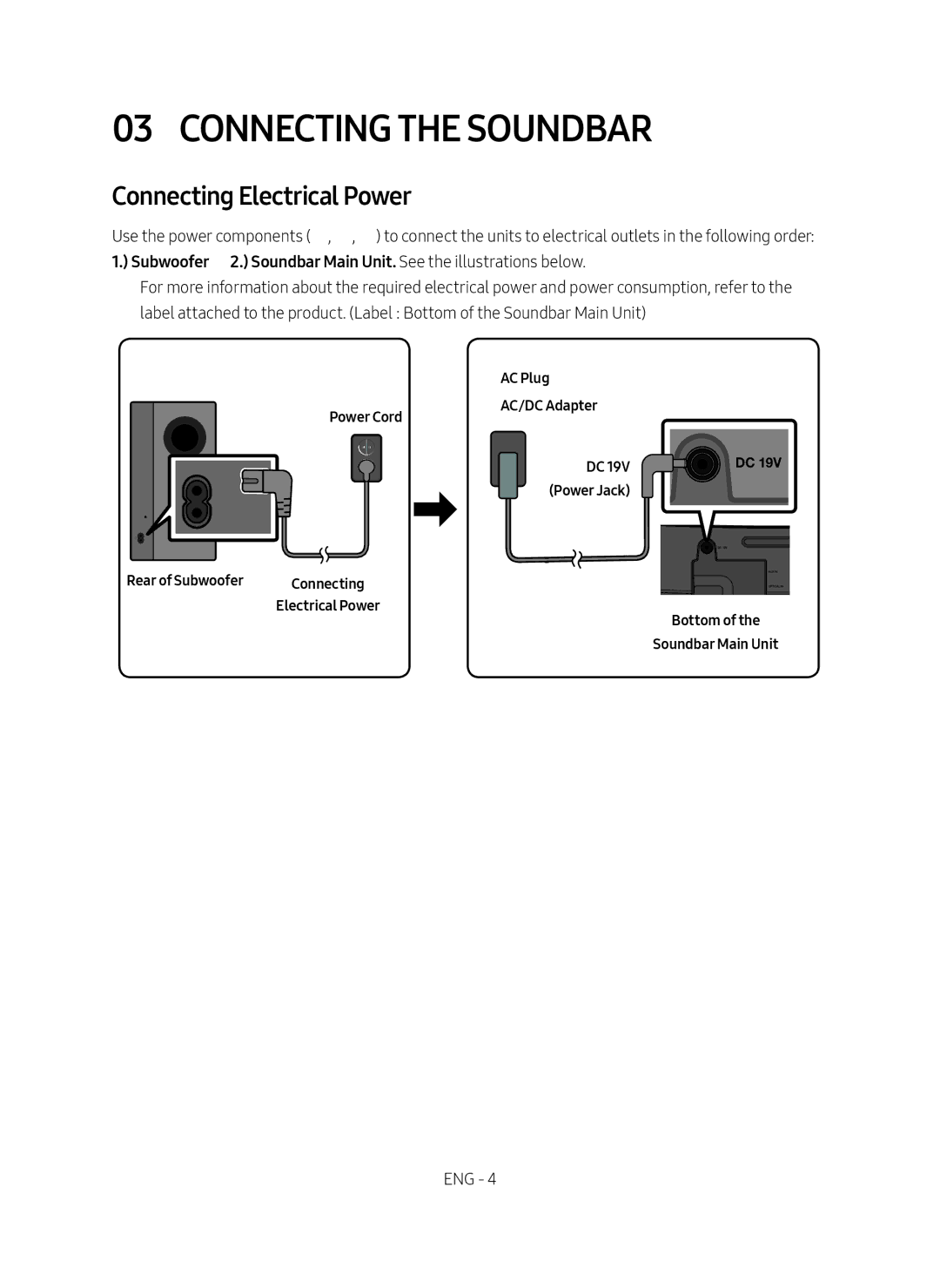 Samsung HW-M4500/ZG, HW-M4500/EN Connecting the Soundbar, Connecting Electrical Power, AC Plug 1Power Cord AC/DC Adapter 