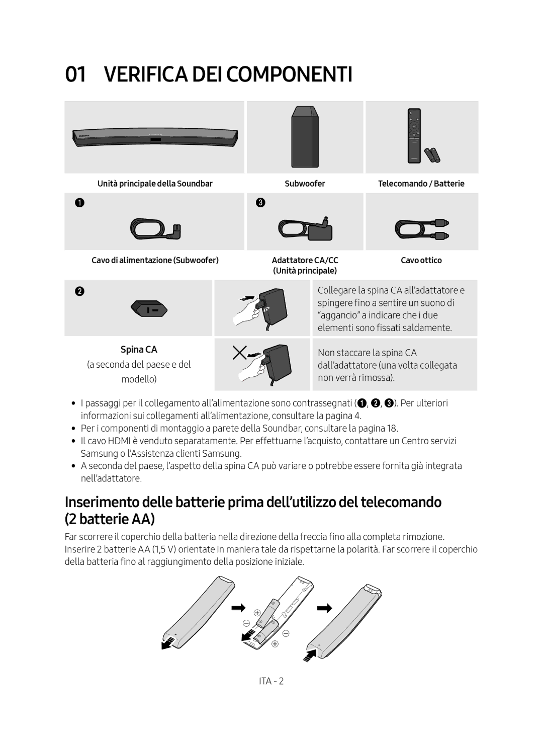 Samsung HW-M4500/ZG, HW-M4500/EN manual Verifica dei componenti, Unità principale della Soundbar Subwoofer 