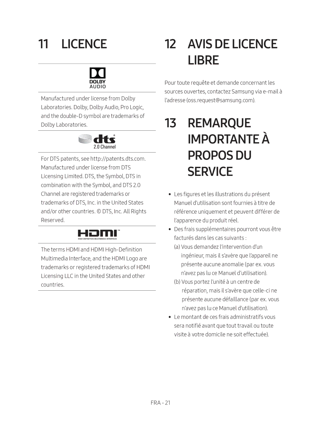 Samsung HW-M4501/EN manual Avis de Licence Libre, Remarque Importante à Propos du Service 