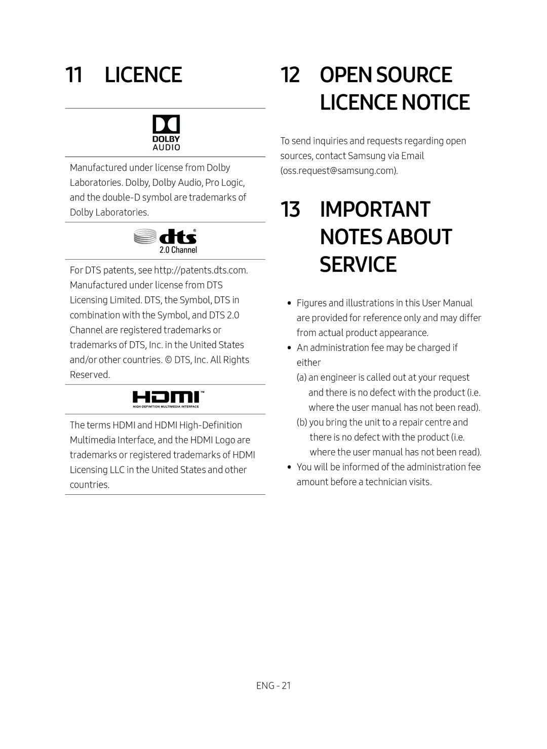 Samsung HW-M4501/EN manual Open Source Licence Notice, Important Notes About Service 