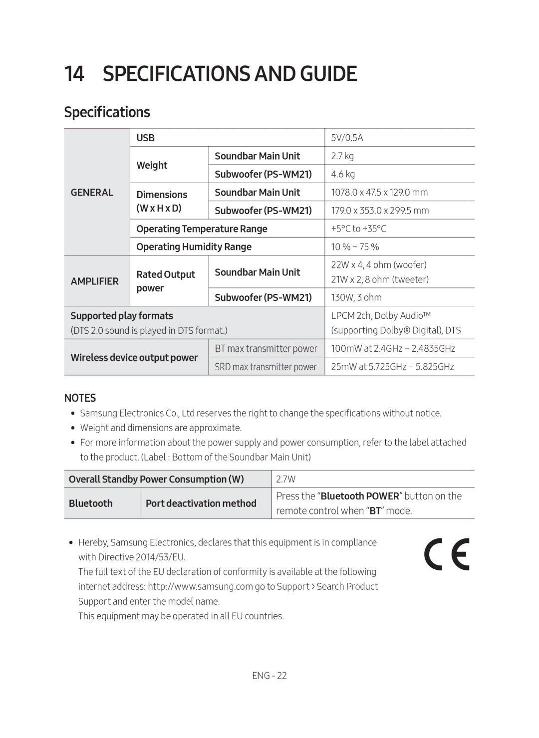 Samsung HW-M4501/EN manual Specifications and Guide 