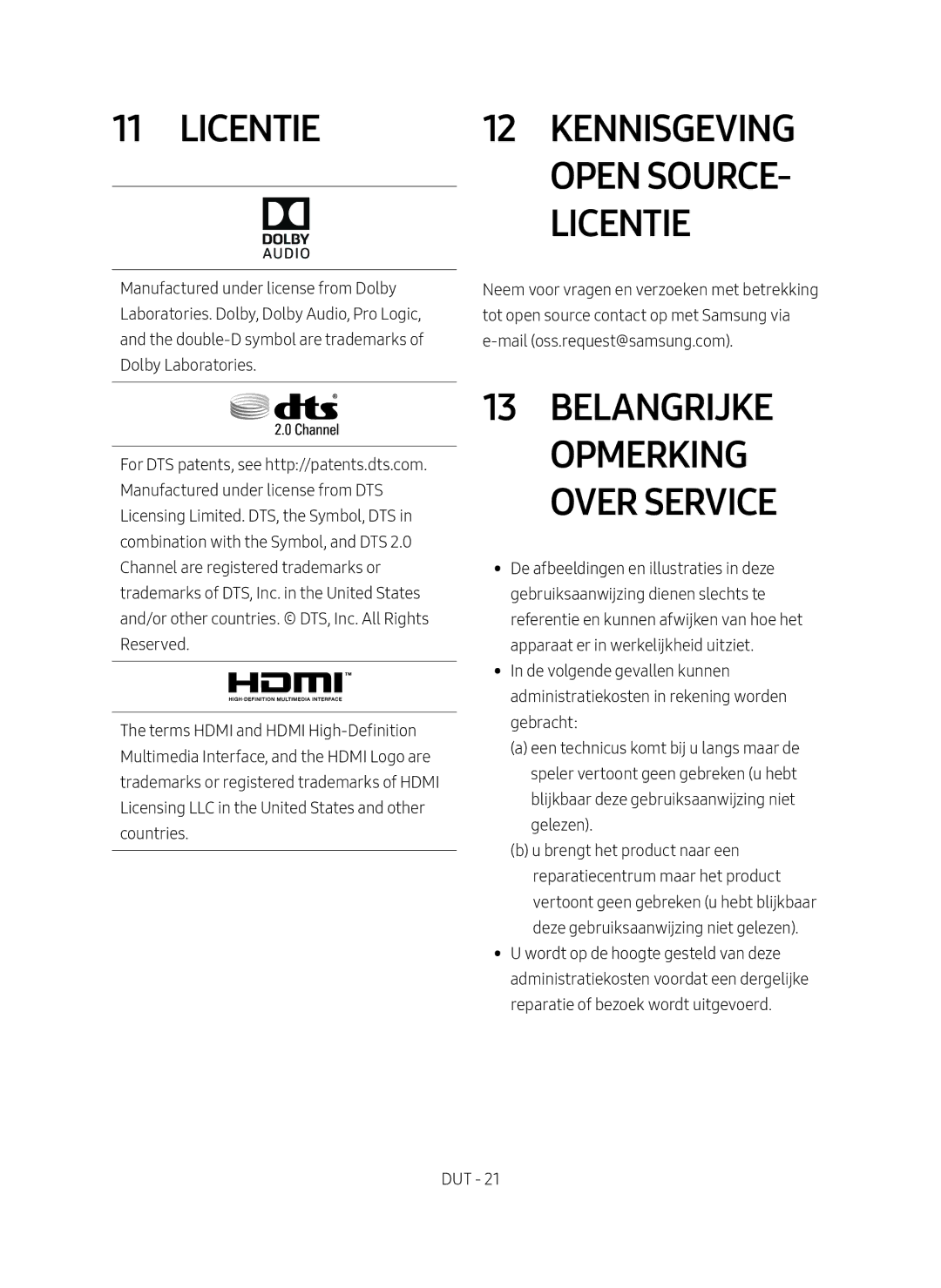 Samsung HW-M4501/EN manual Licentie Kennisgeving Open Source, Belangrijke Opmerking over Service 