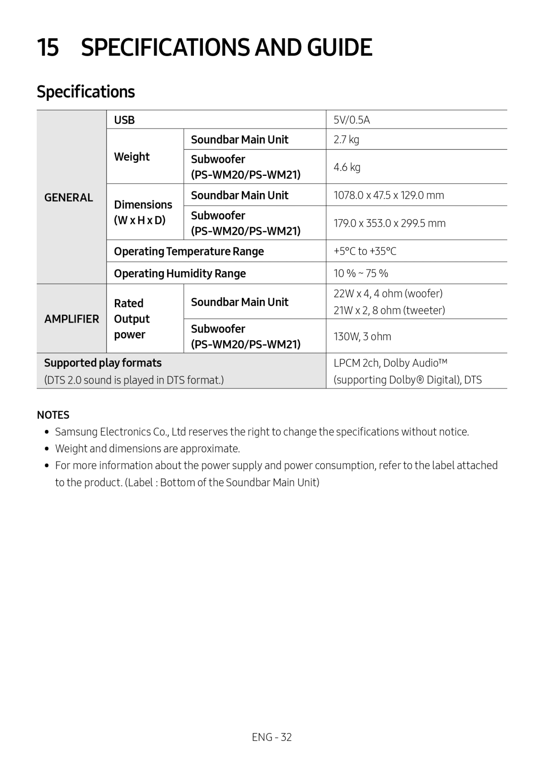 Samsung HW-M4501/SQ manual Specifications and Guide 