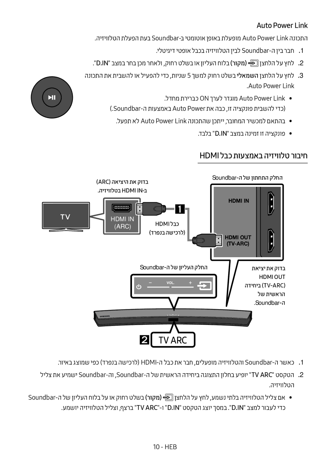 Samsung HW-M4501/SQ manual Hdmi לבכ תועצמאב היזיוולט רוביח, ARC האיציה תא קודב היזיוולטב Hdmi IN-ב, לש תישארה 