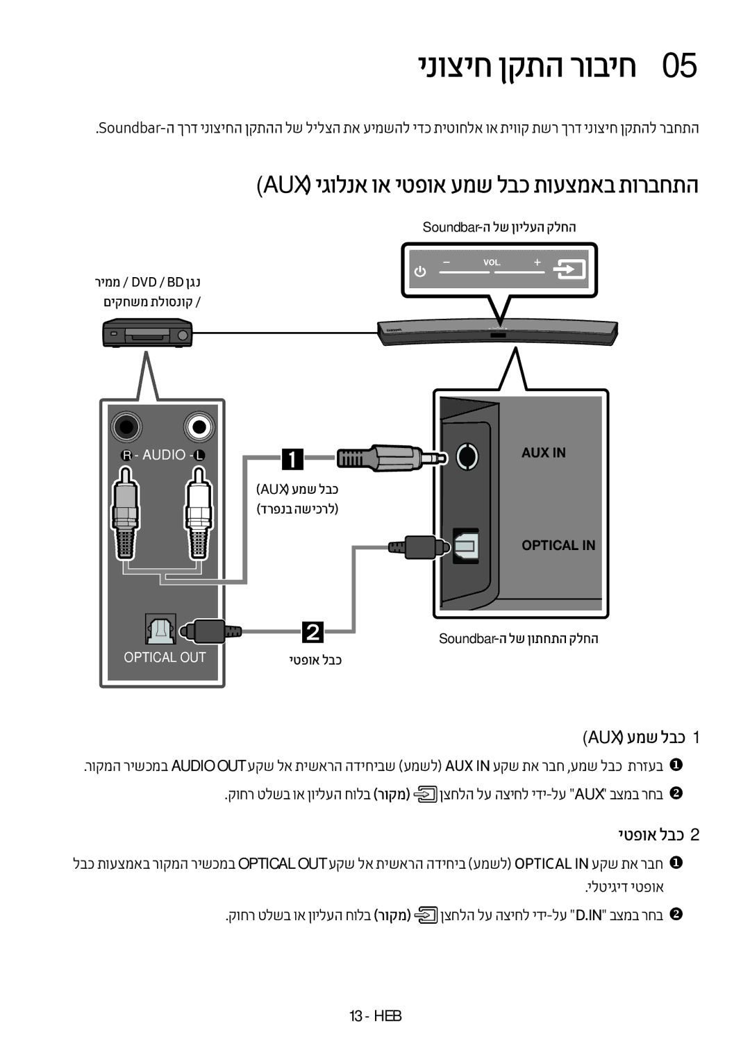 Samsung HW-M4501/SQ manual ינוציח ןקתה רוביח0, Aux יגולנא וא יטפוא עמש לבכ תועצמאב תורבחתה, Aux עמש לבכ, יטפוא לבכ 