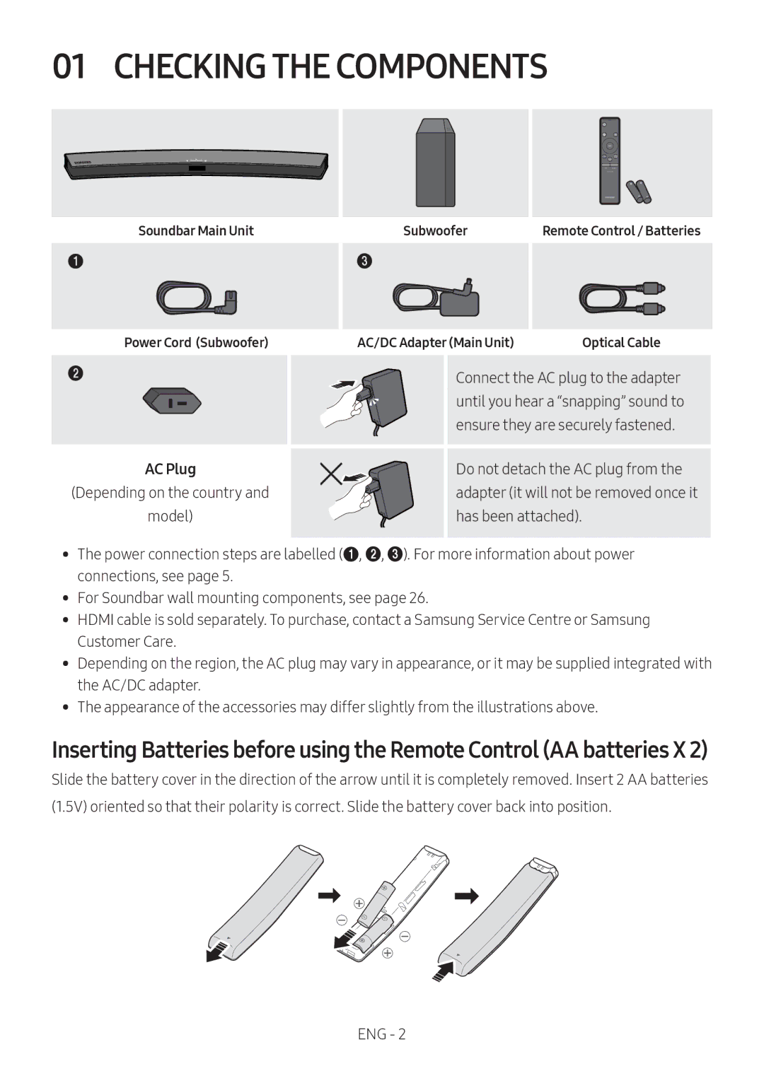 Samsung HW-M4501/SQ manual Checking the Components, Connect the AC plug to the adapter, Until you hear a snapping sound to 