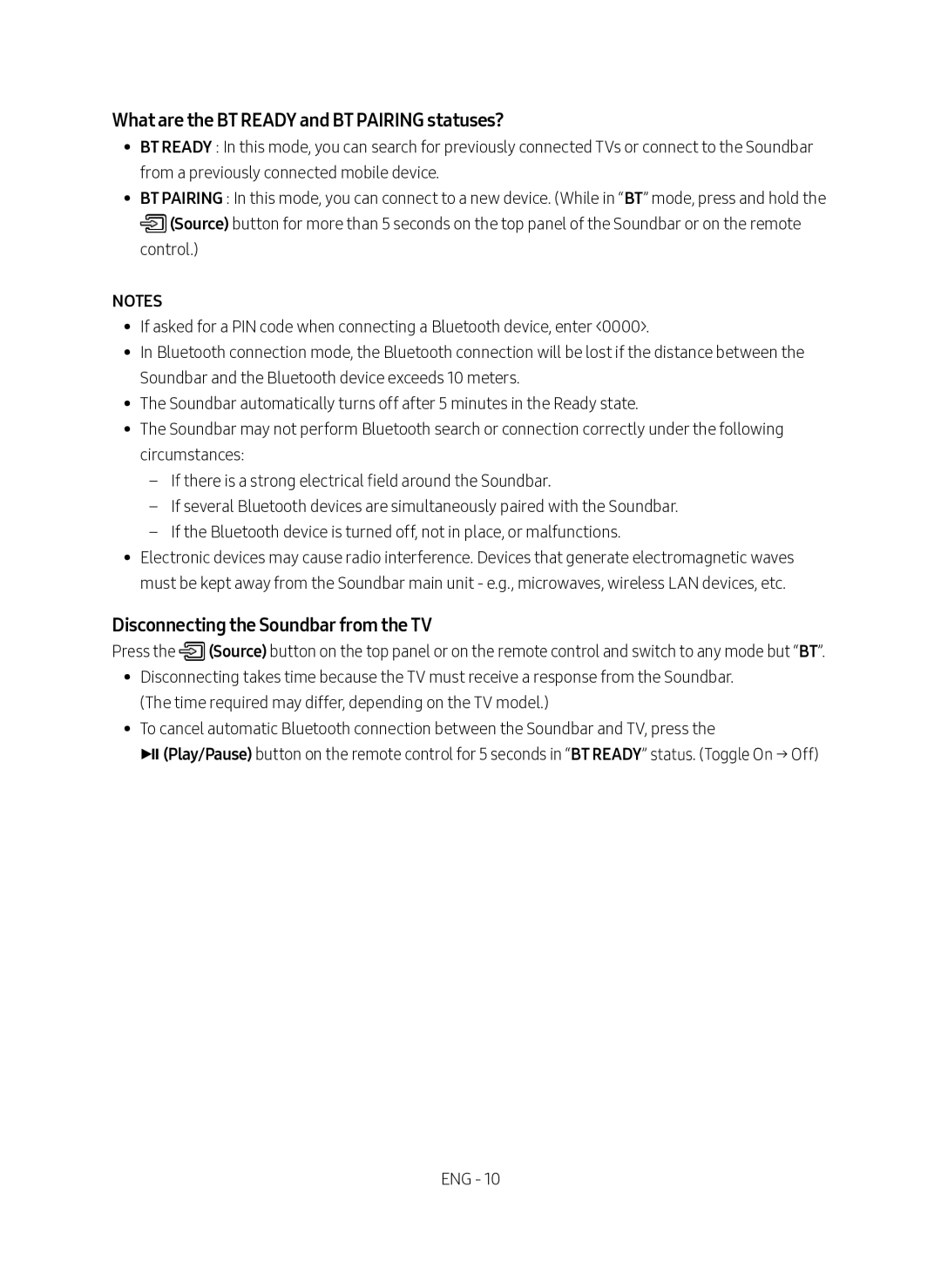 Samsung HW-M4501/SQ manual What are the BT Ready and BT Pairing statuses?, Disconnecting the Soundbar from the TV 