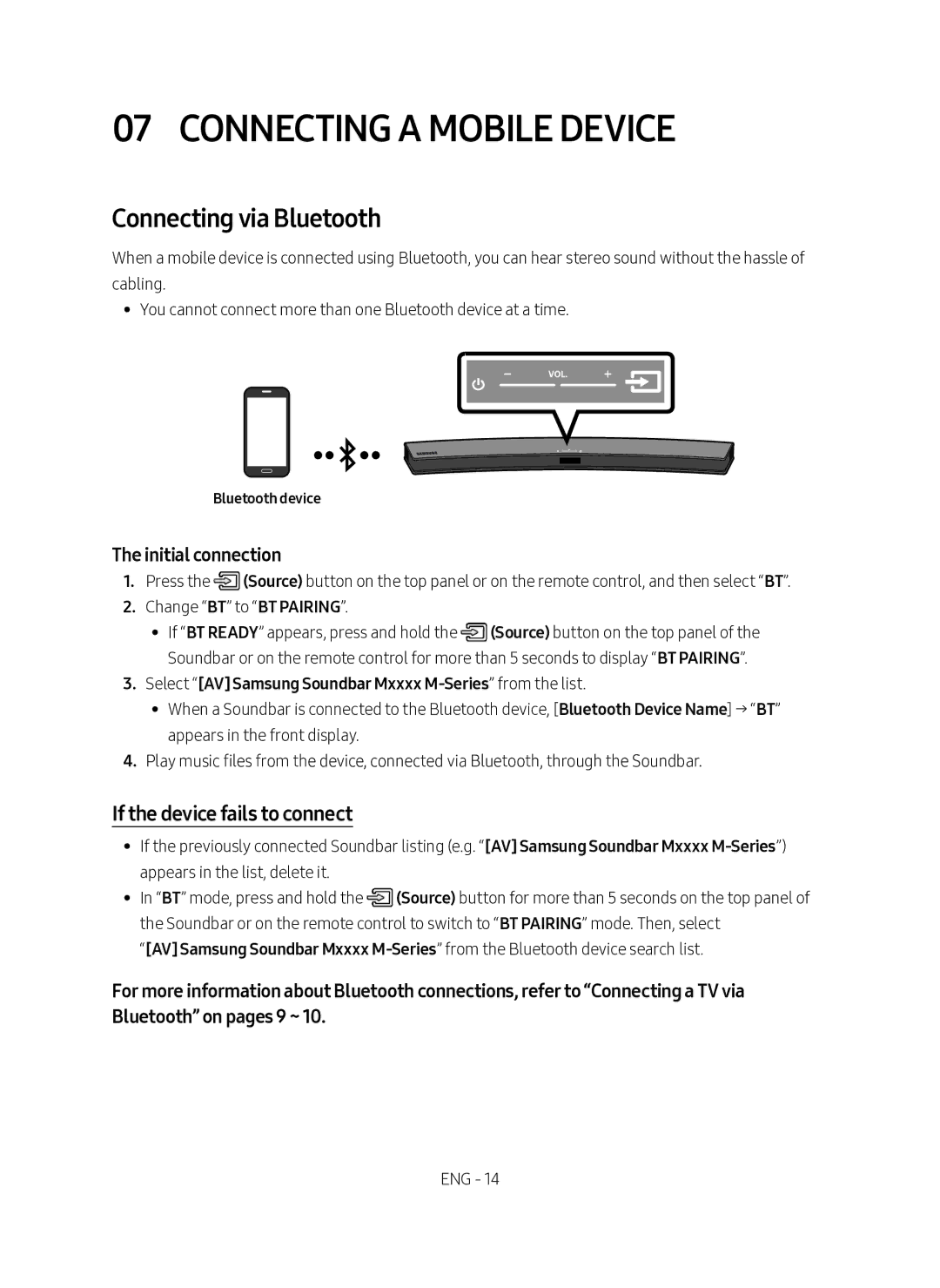 Samsung HW-M4501/SQ manual Connecting a Mobile Device, Connecting via Bluetooth, If the device fails to connect 