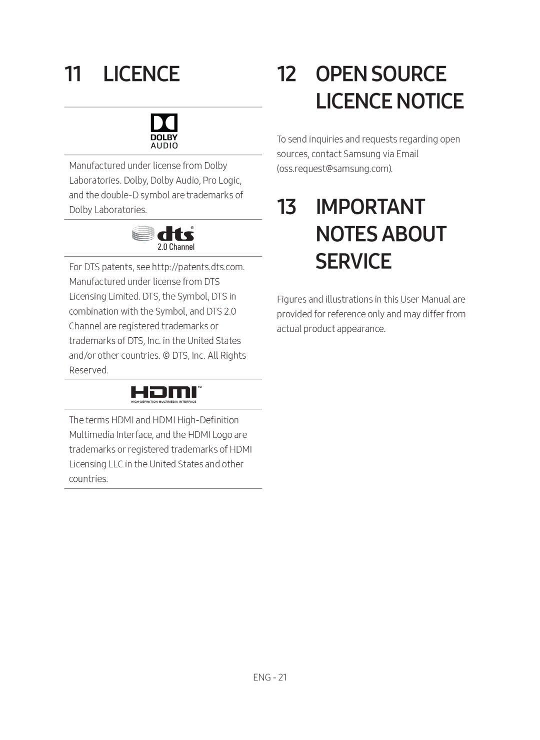 Samsung HW-M4501/SQ manual Open Source Licence Notice, Important Notes About Service 