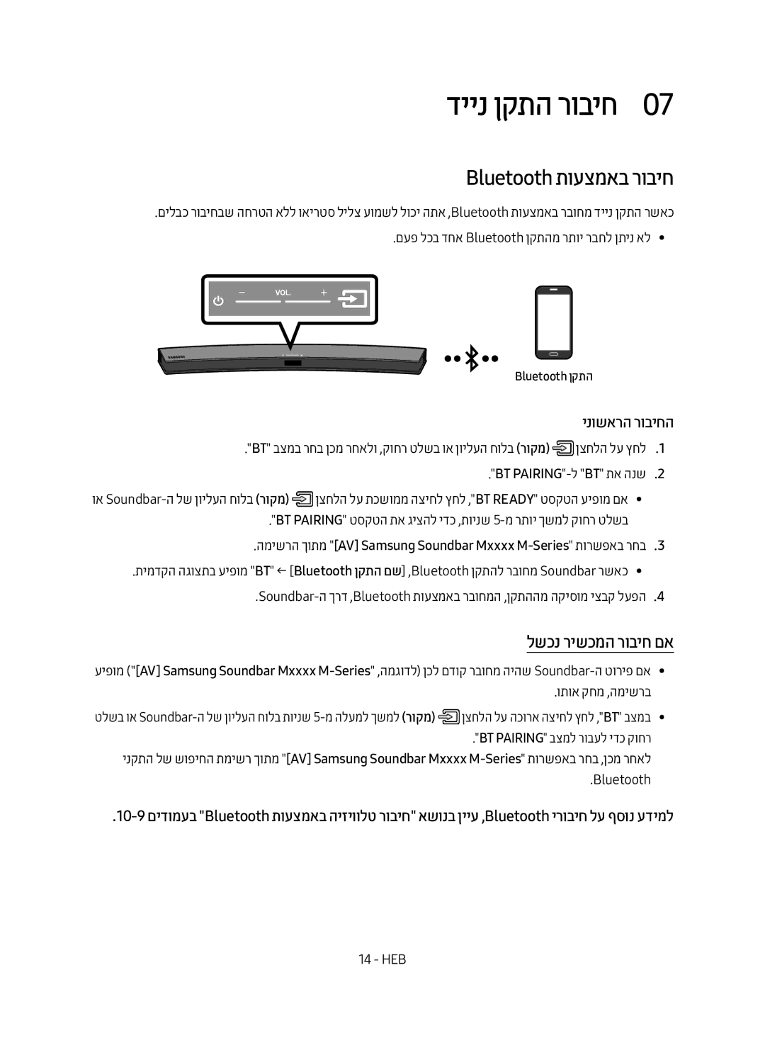 Samsung HW-M4501/SQ manual דיינ ןקתה רוביח0, Bluetooth תועצמאב רוביח, לשכנ רישכמה רוביח םא, BT PAIRING-ל BT תא הנש2 