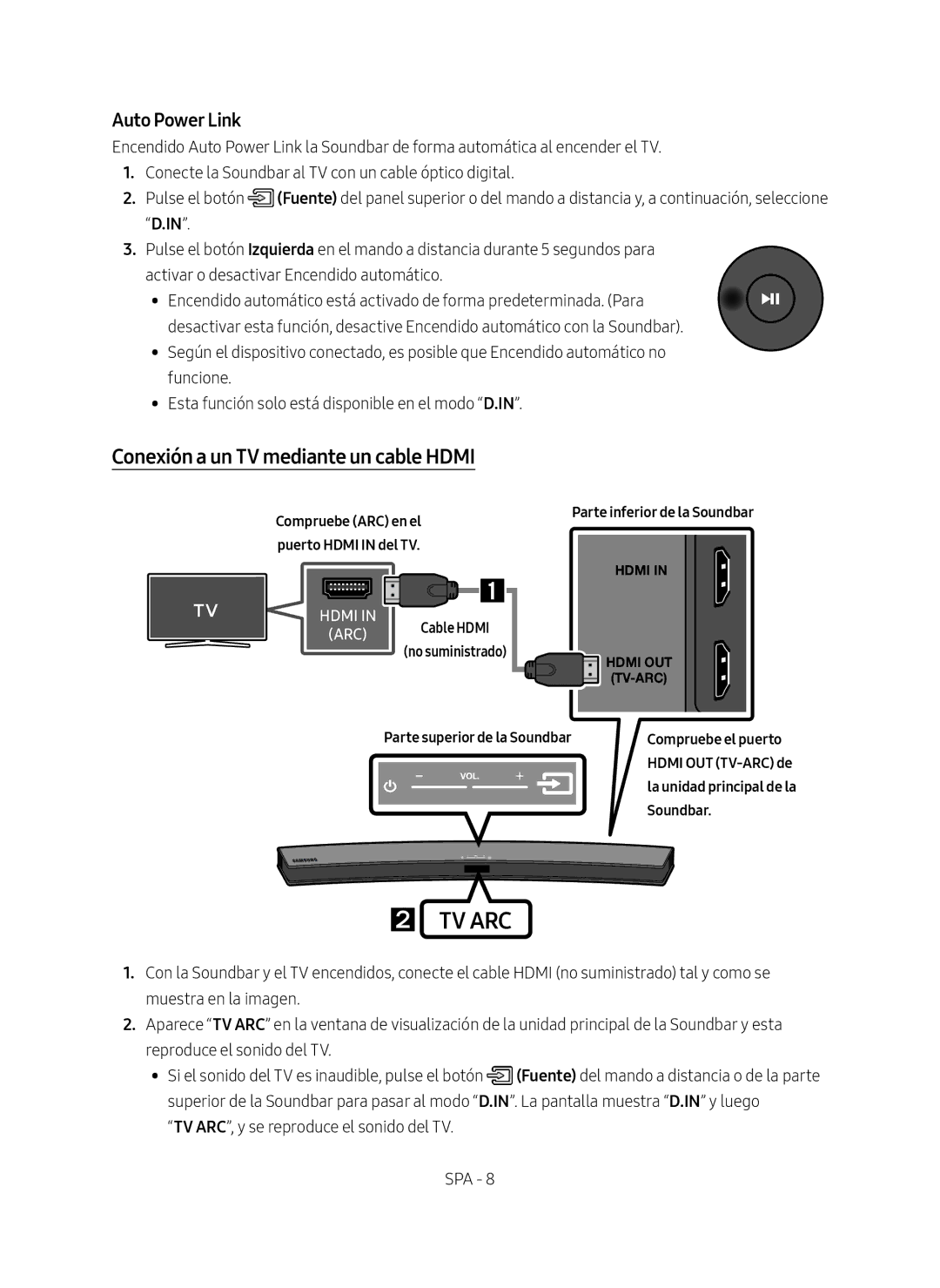 Samsung HW-M4501/ZF Conexión a un TV mediante un cable Hdmi, ARC Cable Hdmi no suministrado Parte inferior de la Soundbar 