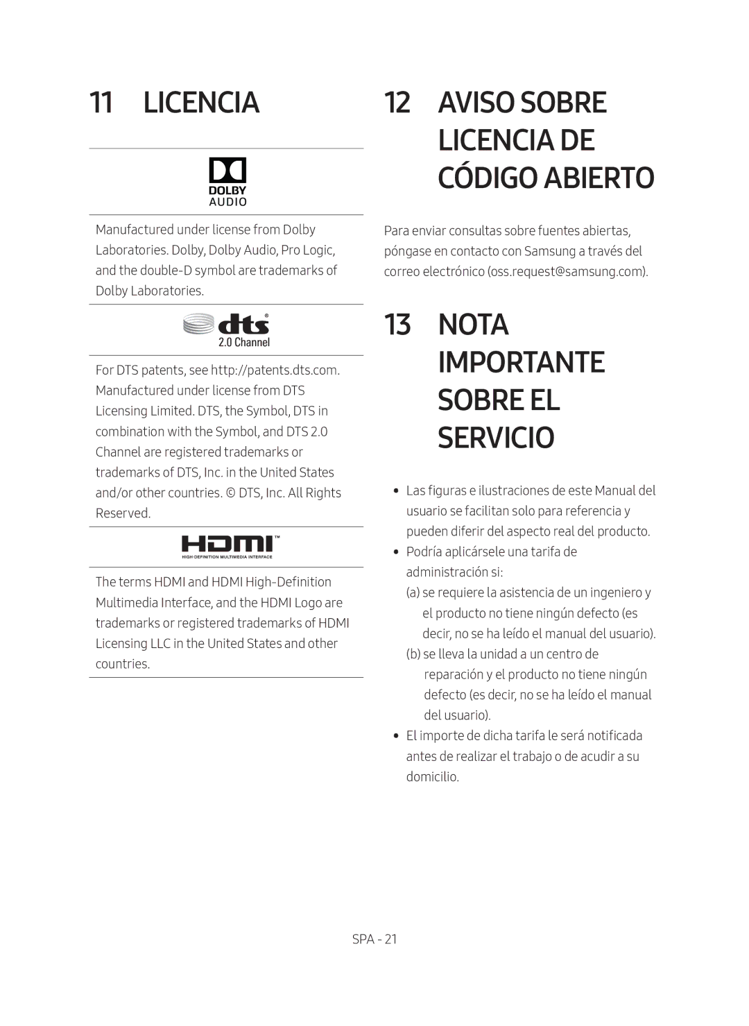 Samsung HW-M4501/ZF manual Licencia, Aviso sobre licencia de código abierto, Nota importante sobre el servicio 