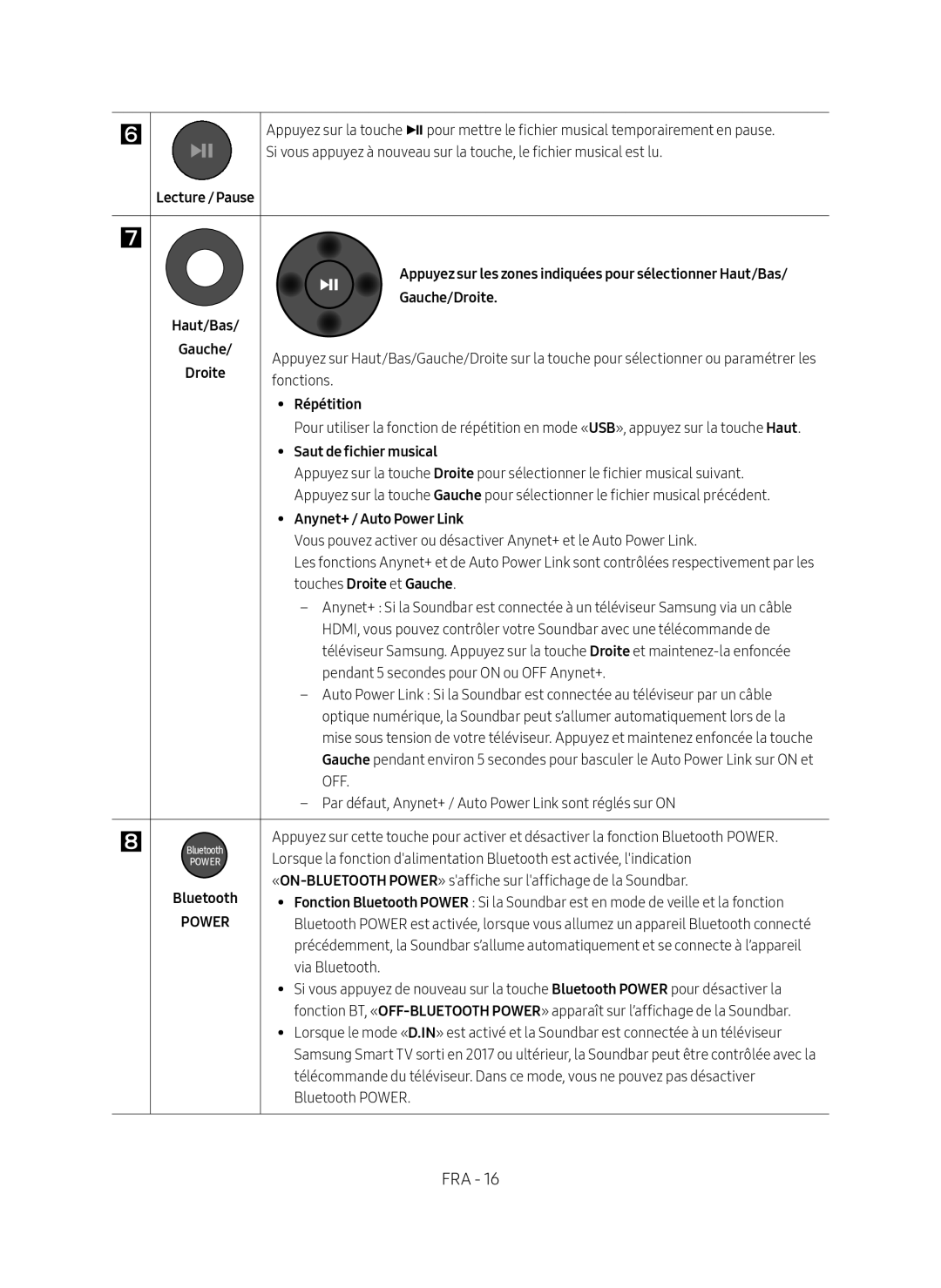 Samsung HW-M4501/ZF manual Haut/Bas Gauche/Droite, Répétition, Saut de fichier musical, Touches Droite et Gauche 