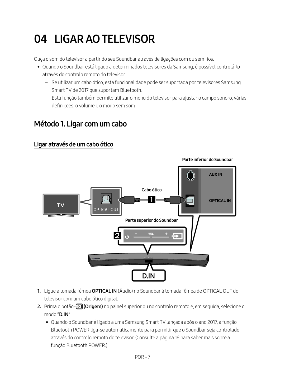 Samsung HW-M4501/ZF manual Ligar ao Televisor, Método 1. Ligar com um cabo, Ligar através de um cabo ótico 